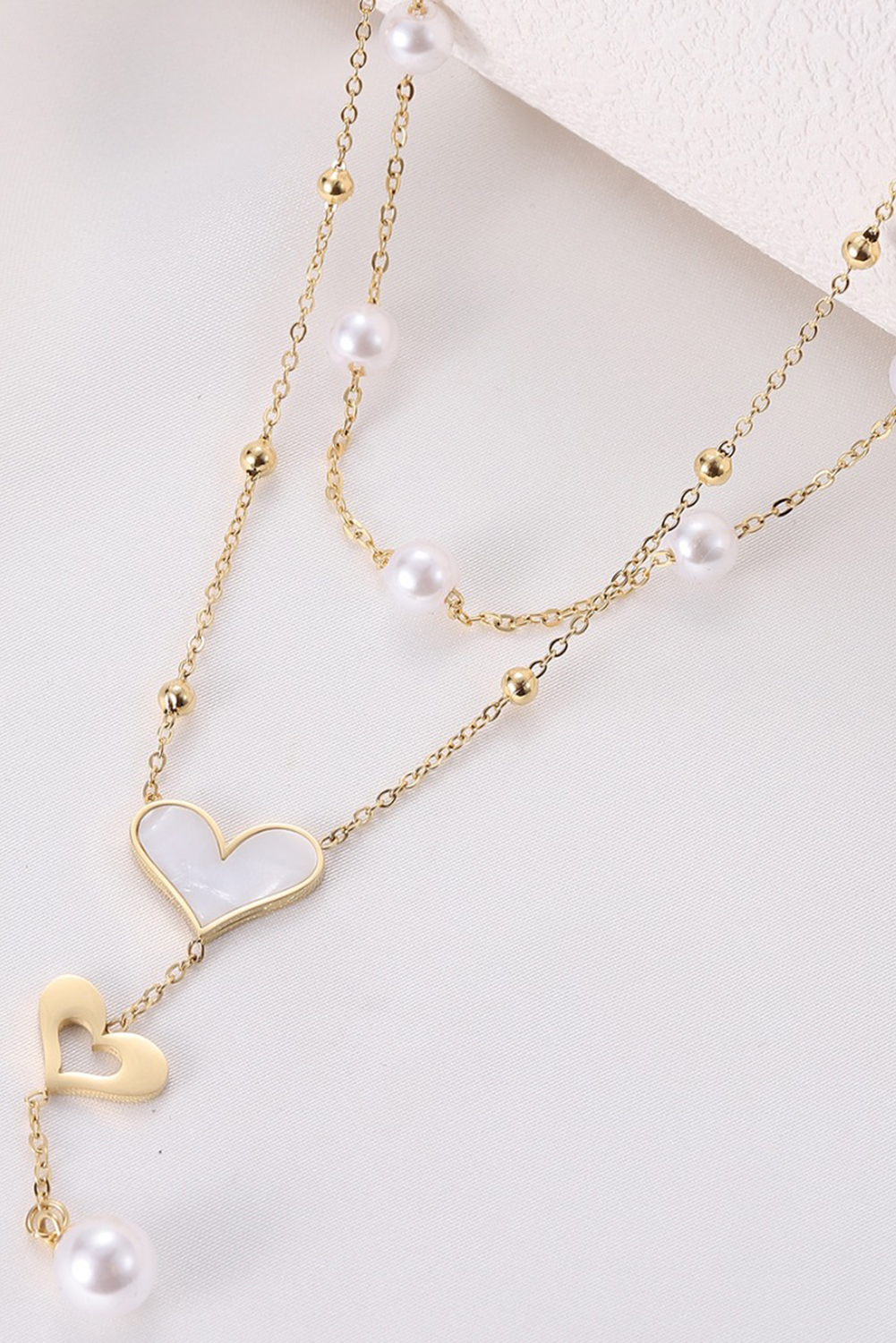 Gold Heart Pearl Double Layer Adjustable Chain Necklace
