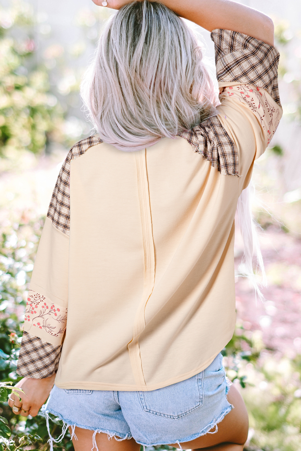 Beige Flower Patch Graphic Exposed Seam Wide Sleeve Top