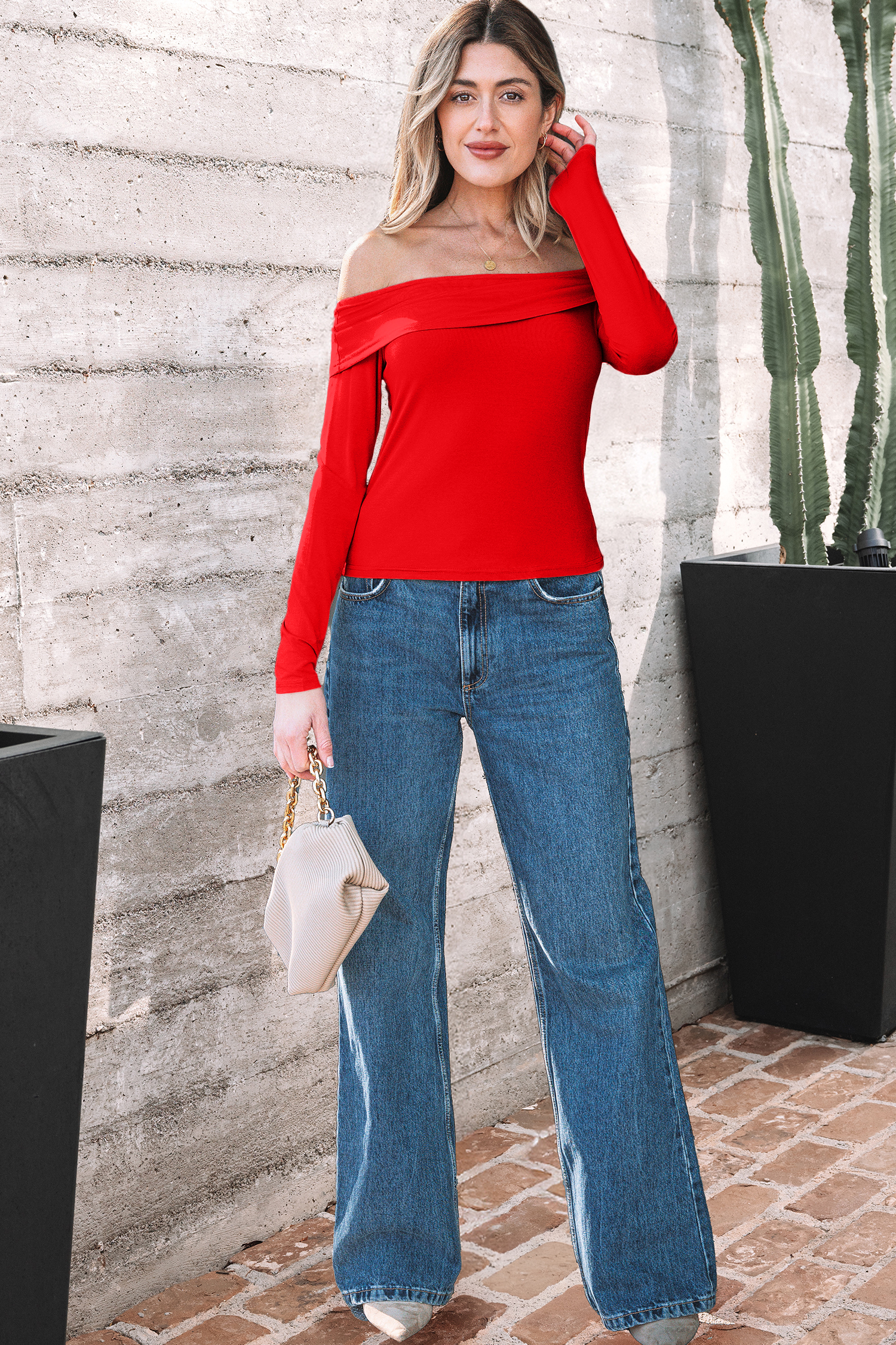 Fiery Red Foldover Off Shoulder Long Sleeve Slim Top