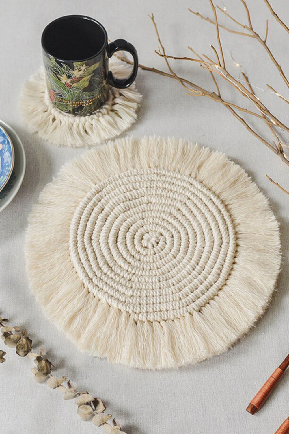 Beige Boho Tassel Macrame Coaster 15cm