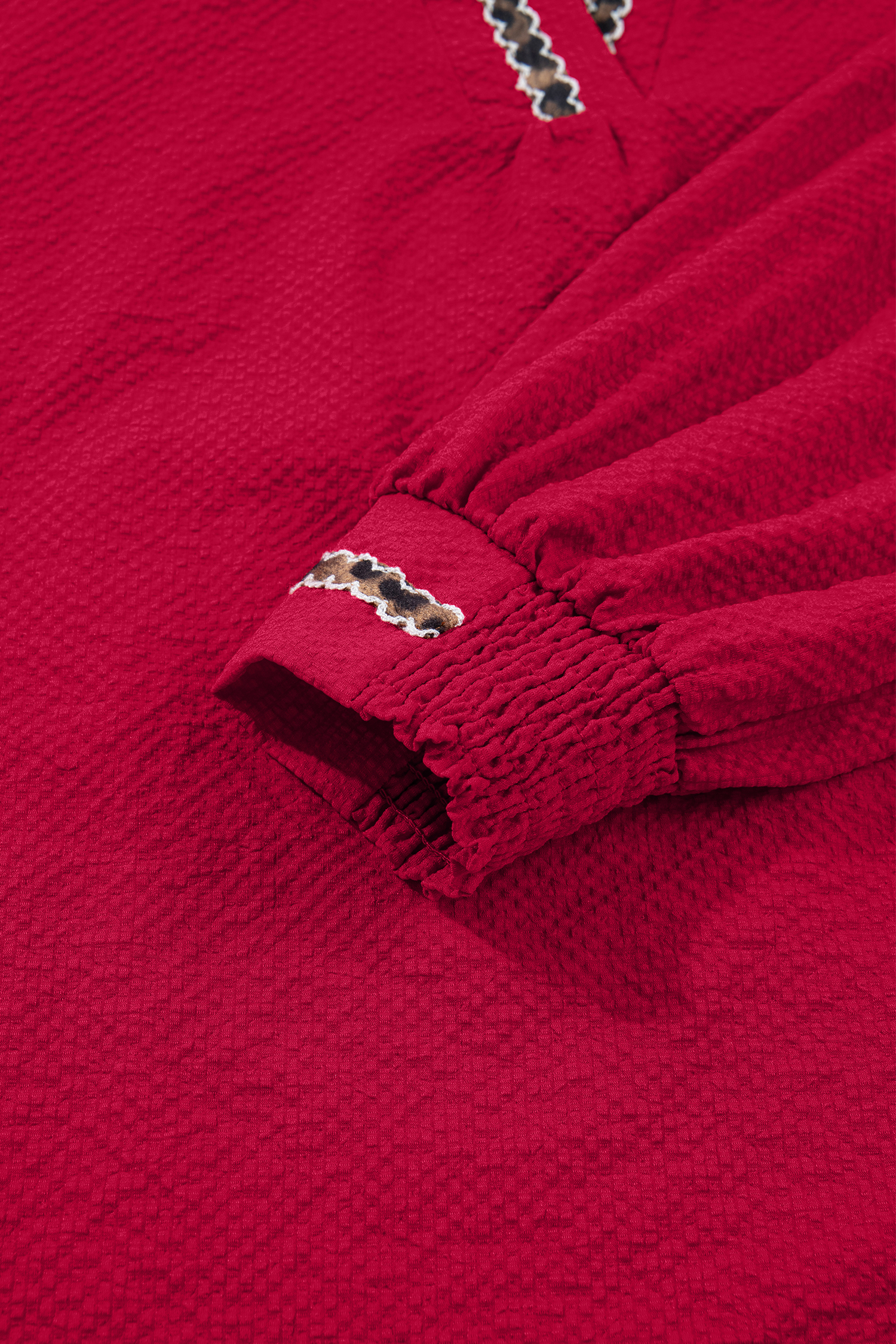 Racing Red Leopard Jacquard Print V Neck Textured Blouse