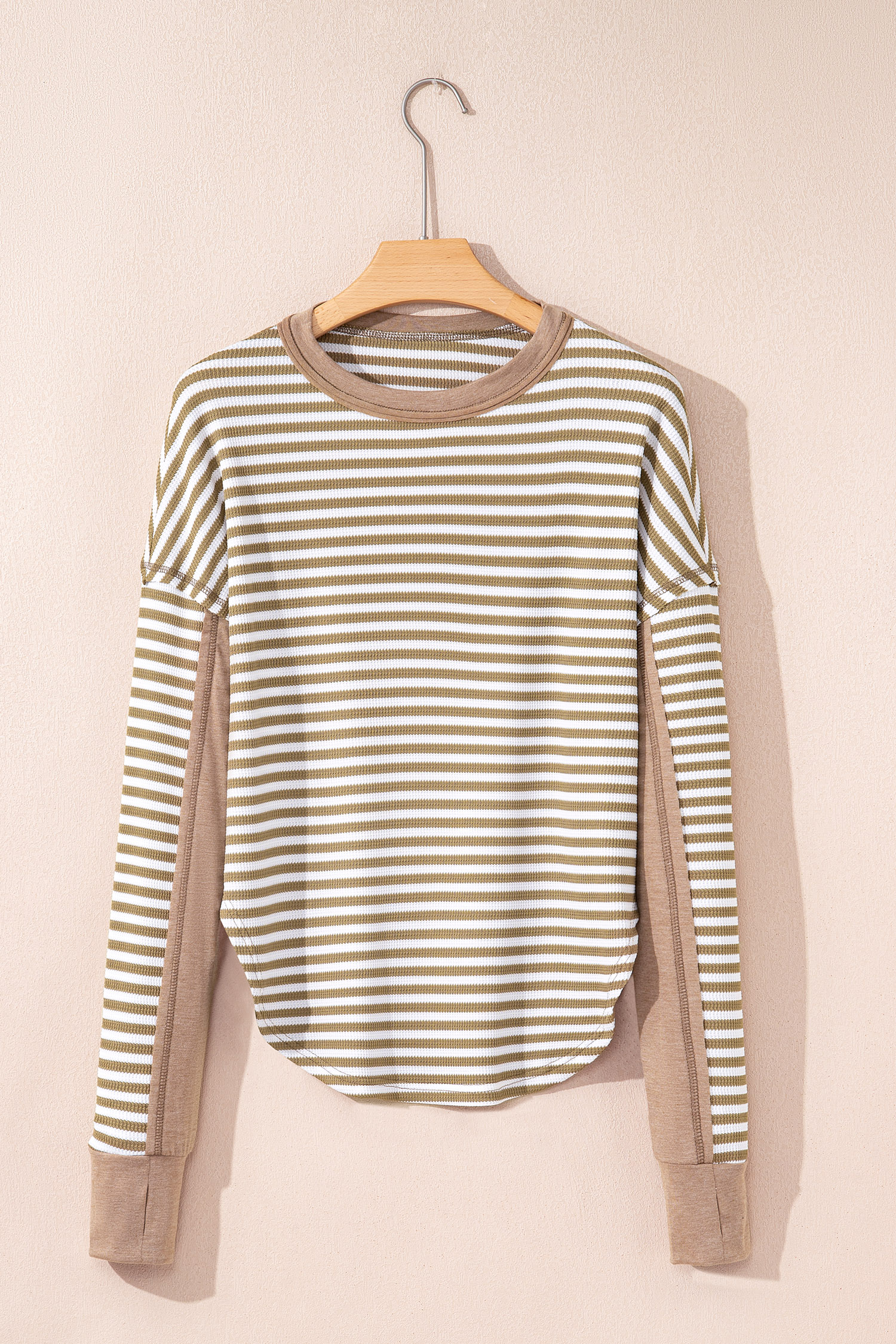 Dearlovers Green Stripe Thermal Knit Drop Shoulder Casual Top