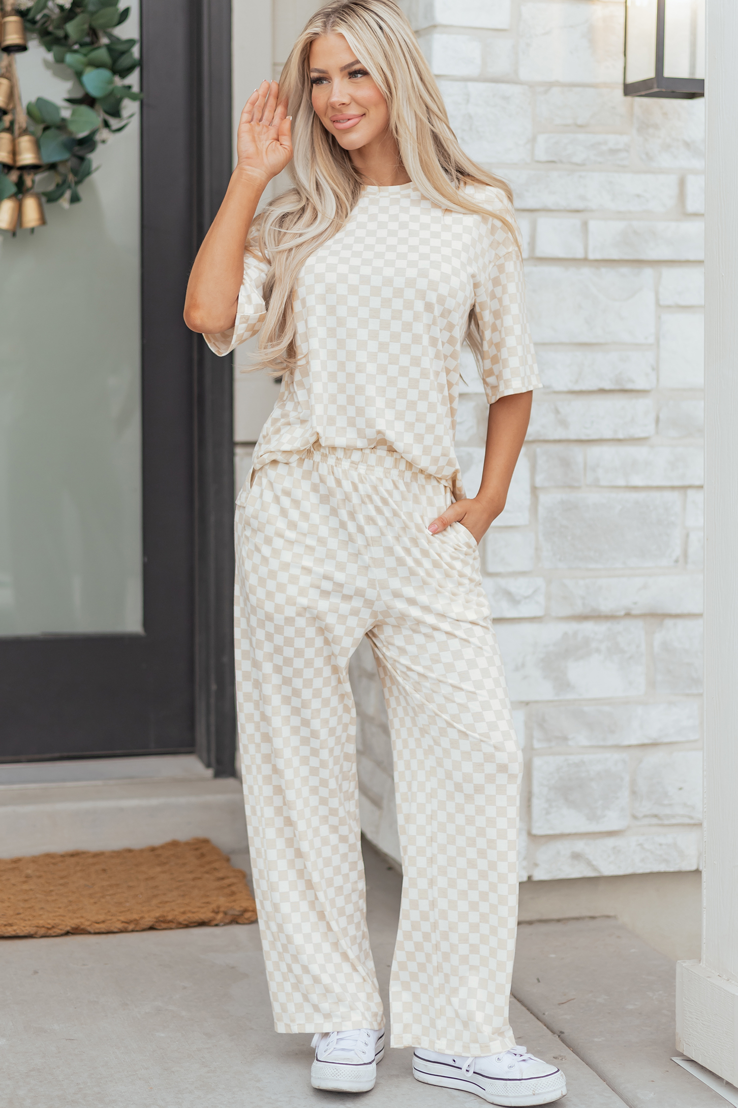 Khaki Checkered Print Half Sleeve Tee 2pcs Lounge Pant Set