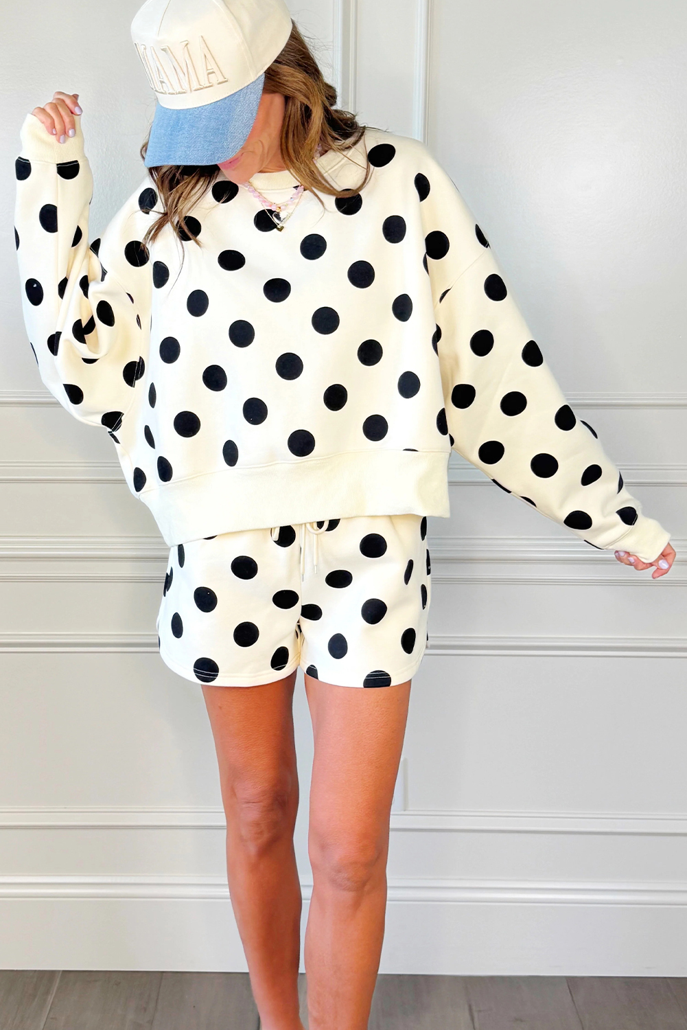 Beige Polka Dot Print Drop Shoulder Pullover Drawstring Jogger Pant Set