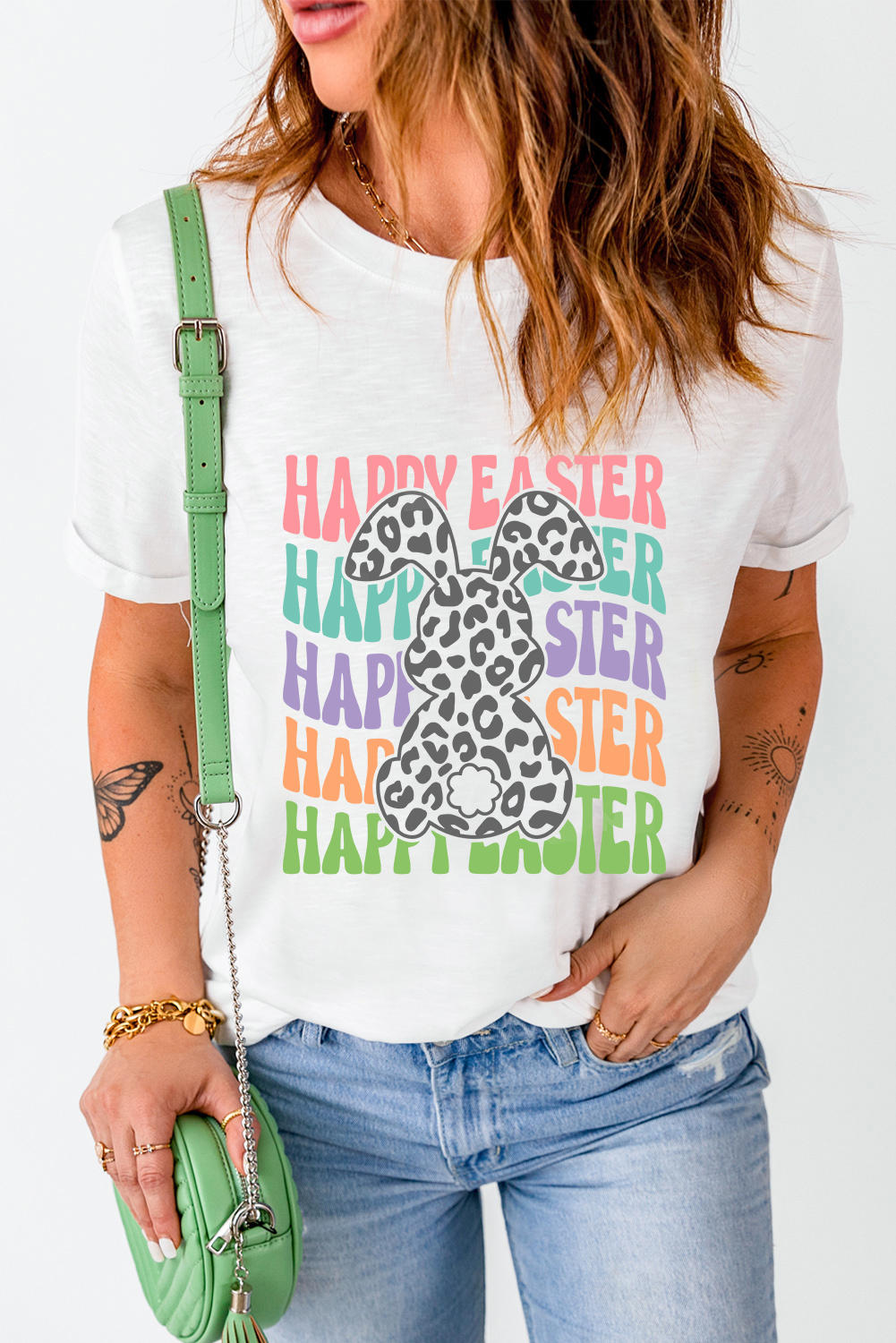 White Rabbit Bow Knot Print Crew Neck T Shirt