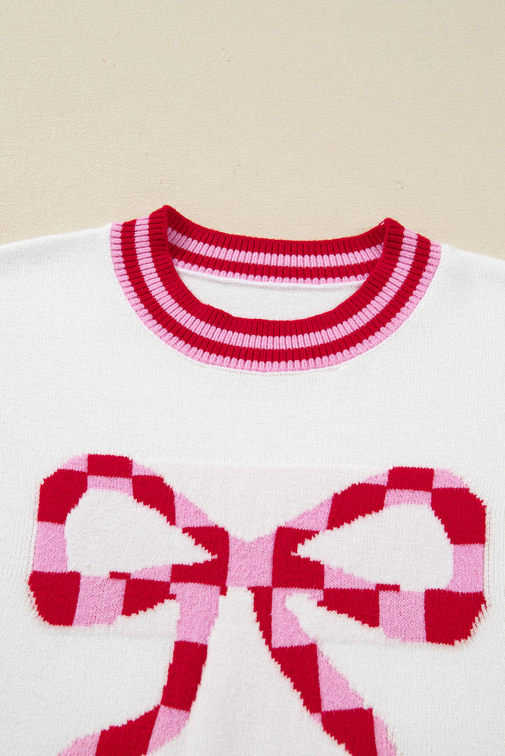 White Striped Trim Bow Graphic Round Neck Drop Shoulder Sweater