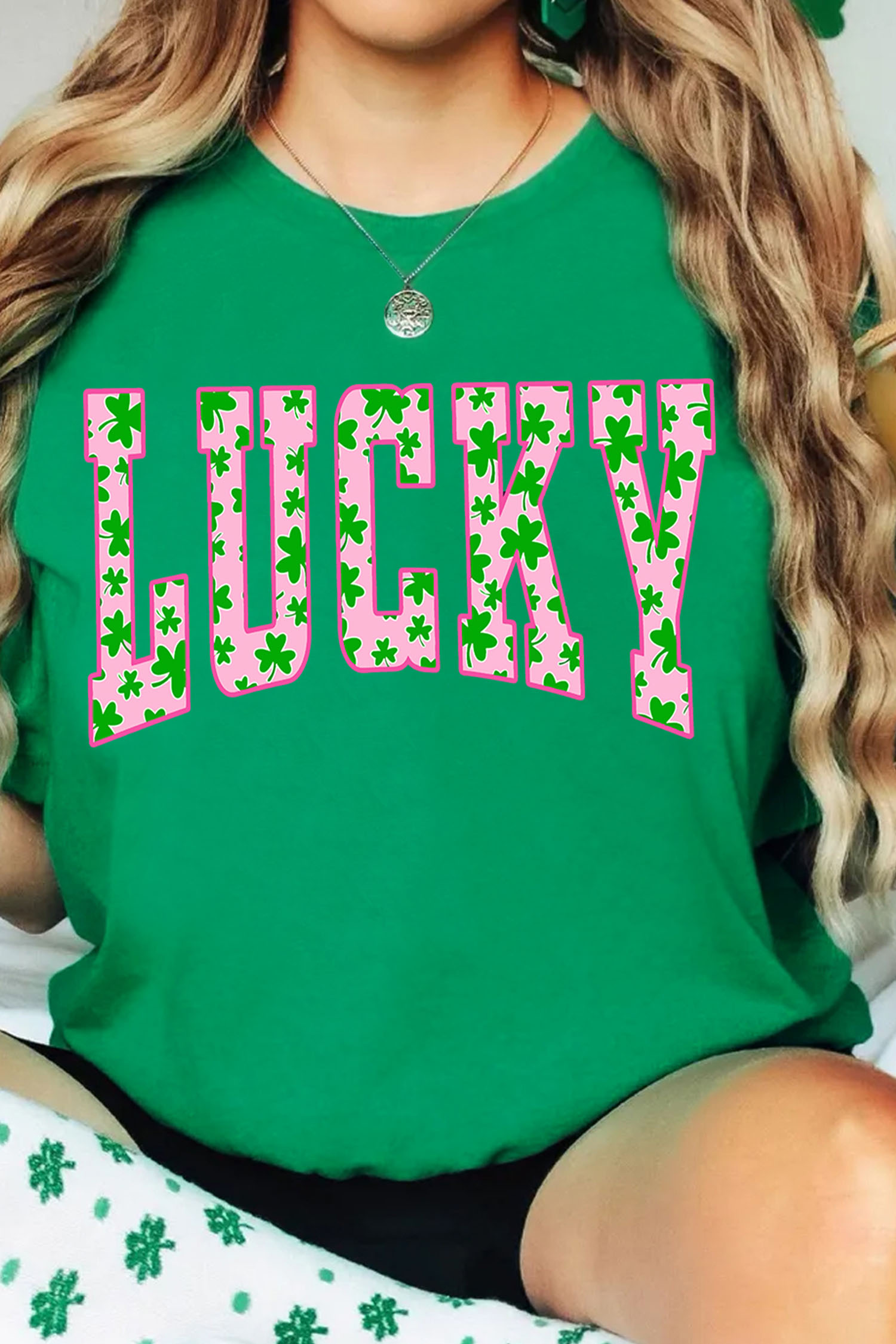 Bright Green LUCKY Clover Letter Printed Crew Neck T Shirt