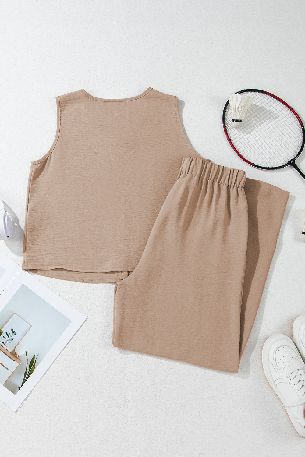 Goat Buttoned Vest Drawstring Wide Leg Pants 2pcs Set