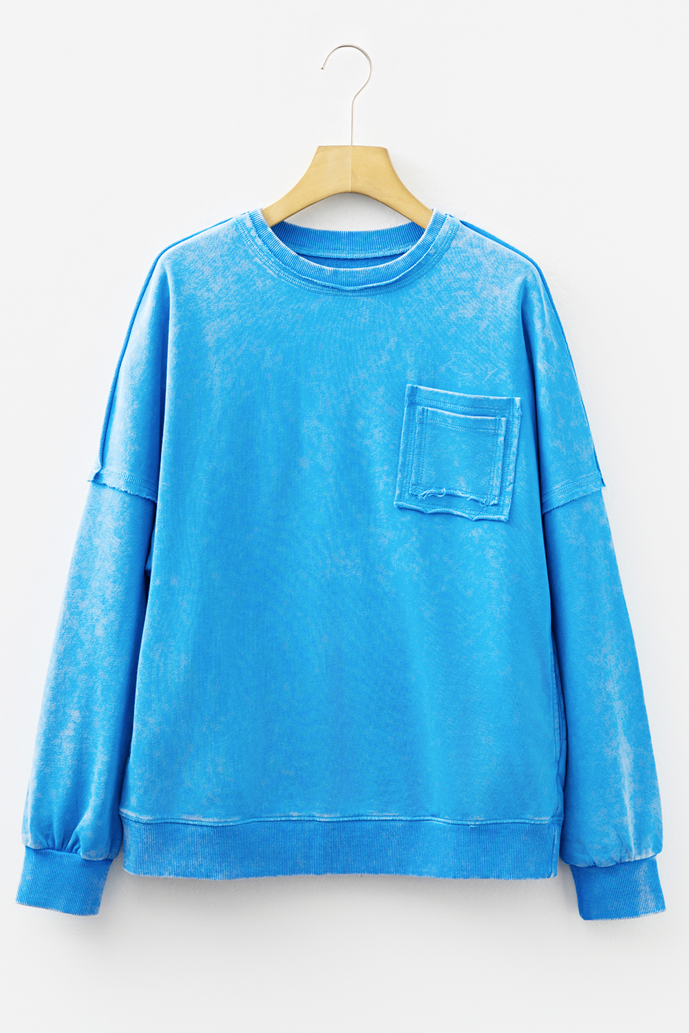 Blue Mineral Wash Raw Seam Double Patched Pocket Pullover Sweatshirt
