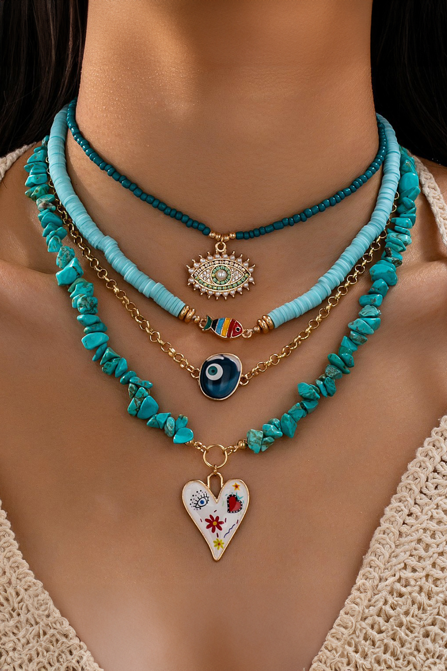Turquoise 4 Pieces Stackable Boho Necklace Set
