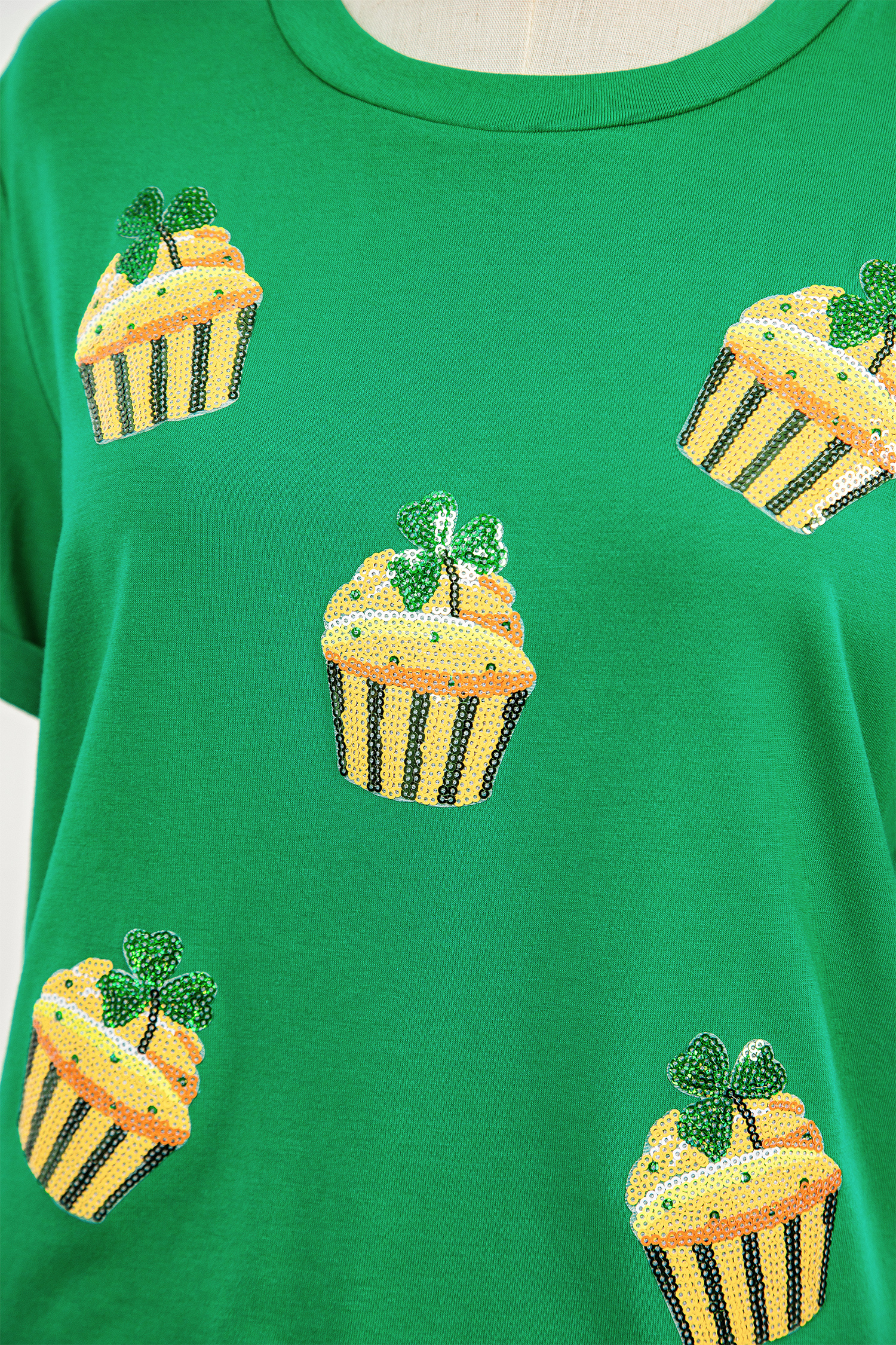 Bright Green St Patricks Day Sequin Cupcake Graphic T Shirt