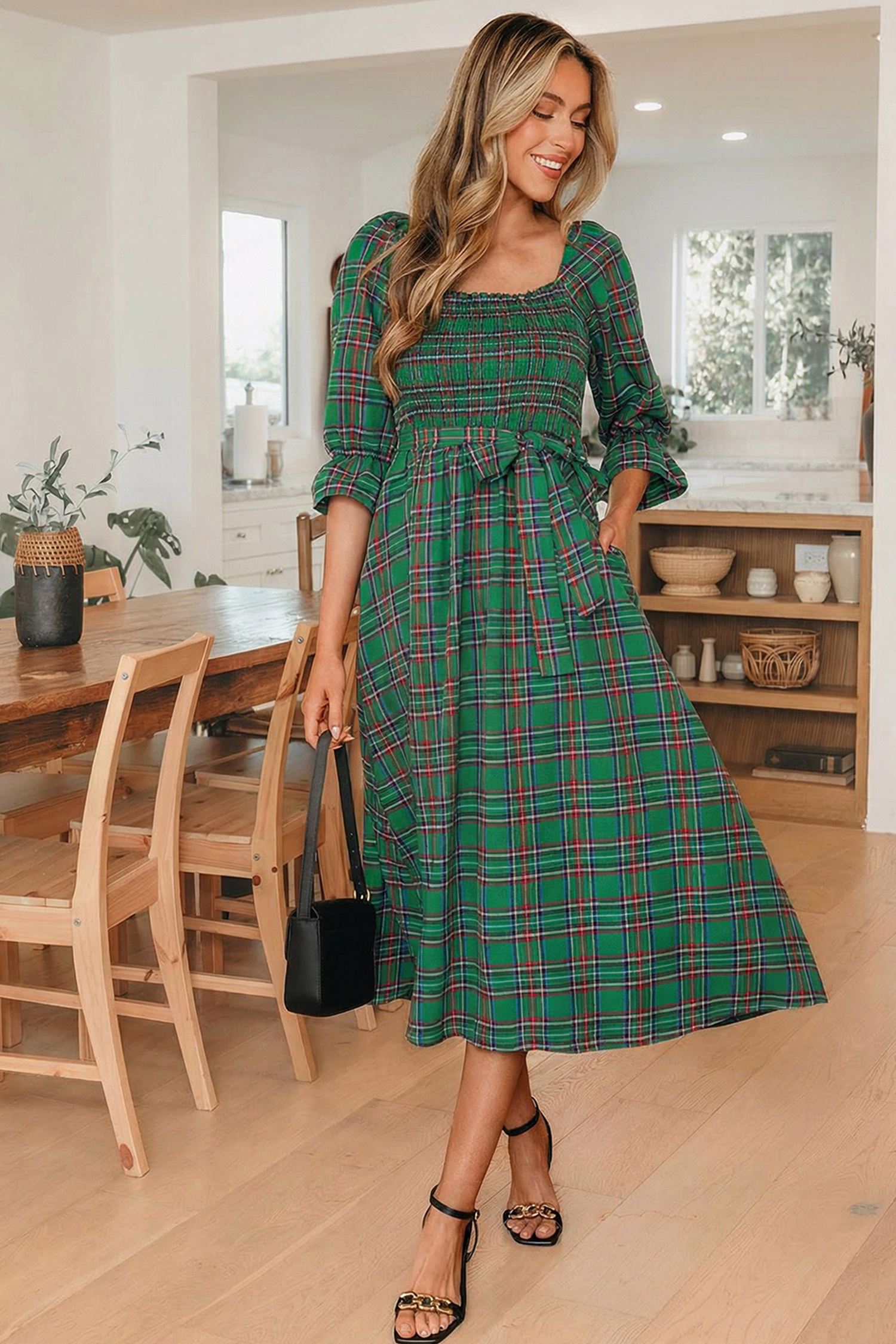 Red Tartan Plaid Square Neck Puff Sleeve Knot Waist Flared Midi Dress