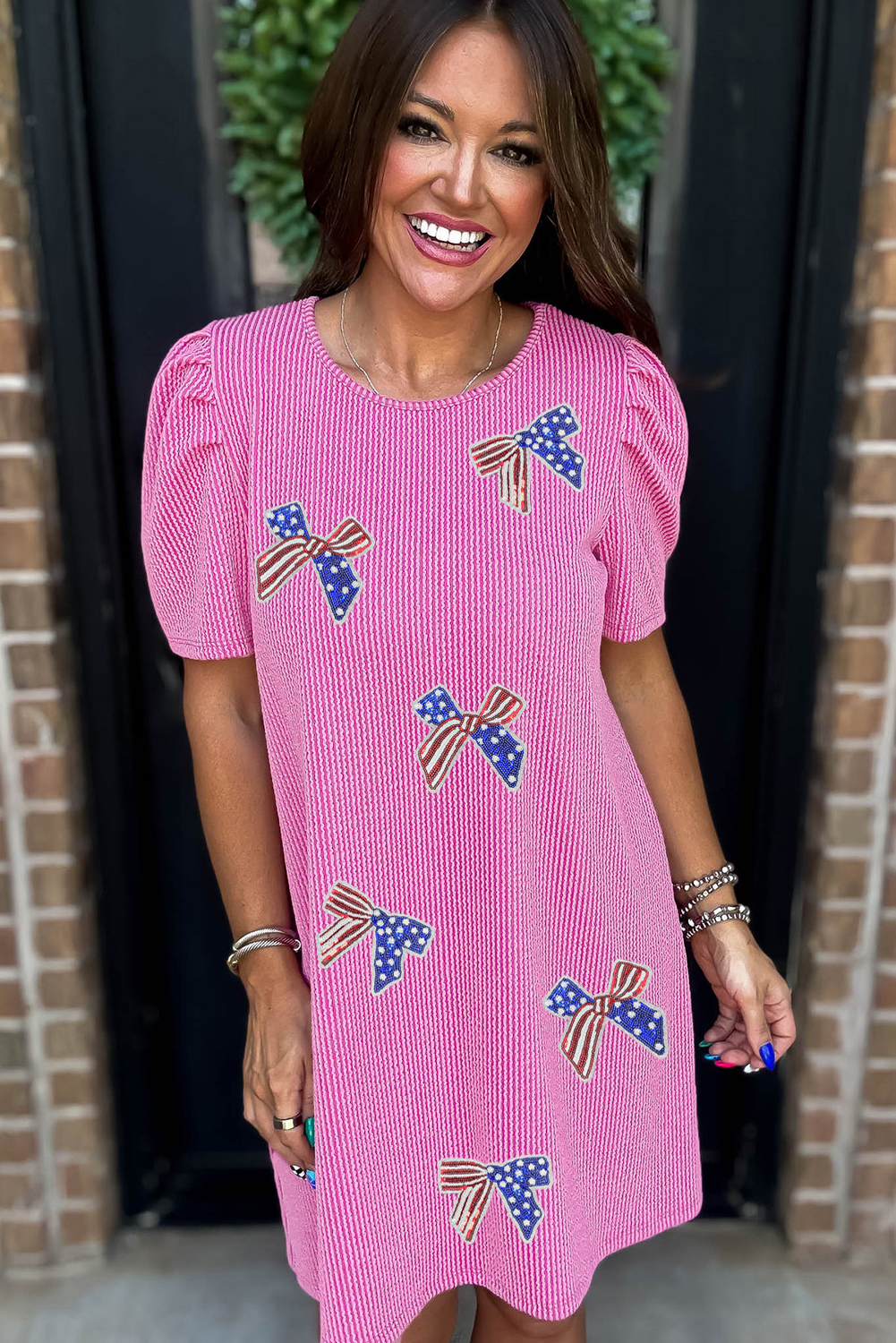 Bright Pink Flag Pattern Inspired Sequin Bow Spiral Ribbed Puff Sleeve T Shirt Dress