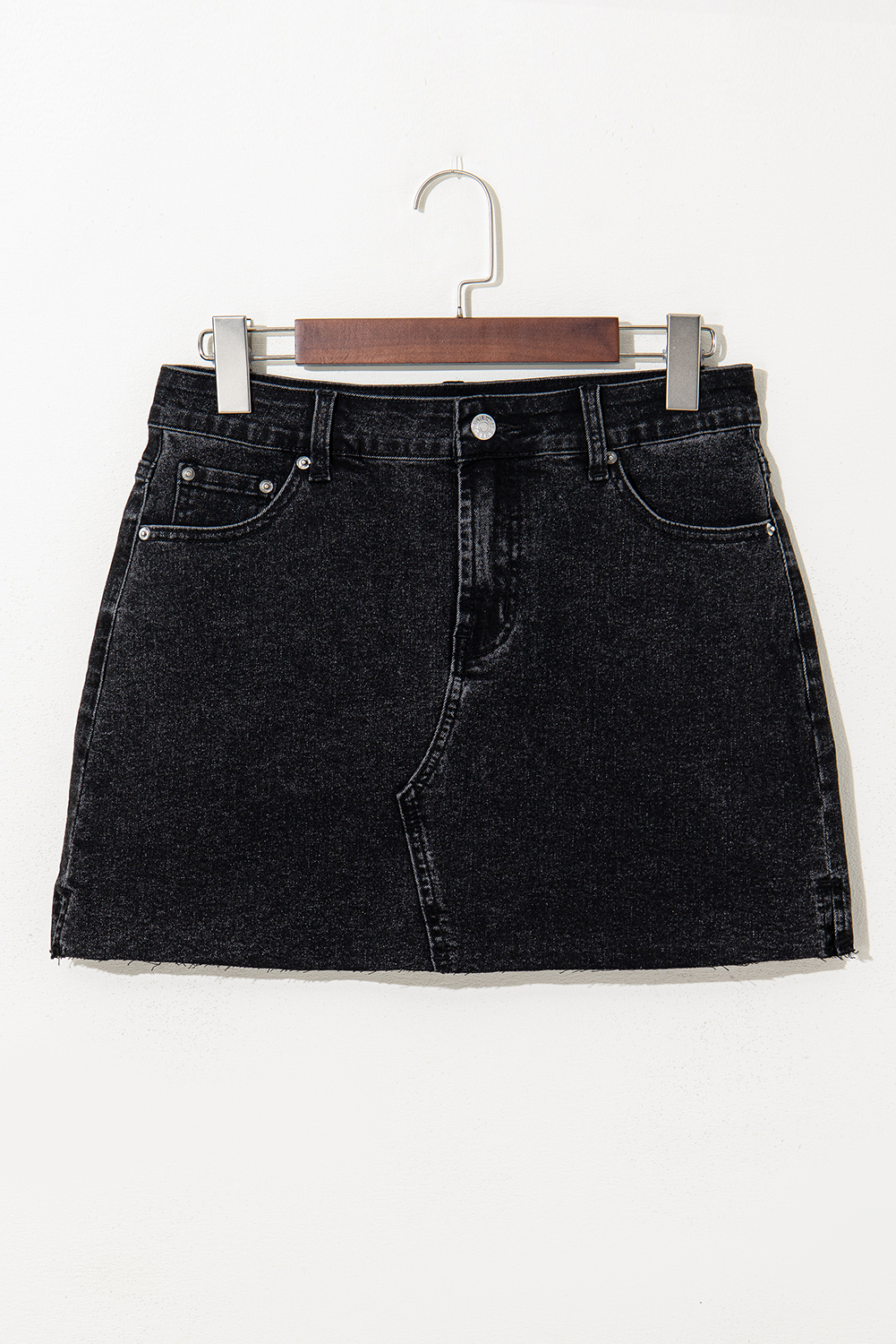 Carbon Grey Mineral Wash Ripped Raw Hem Denim Mini Skirt