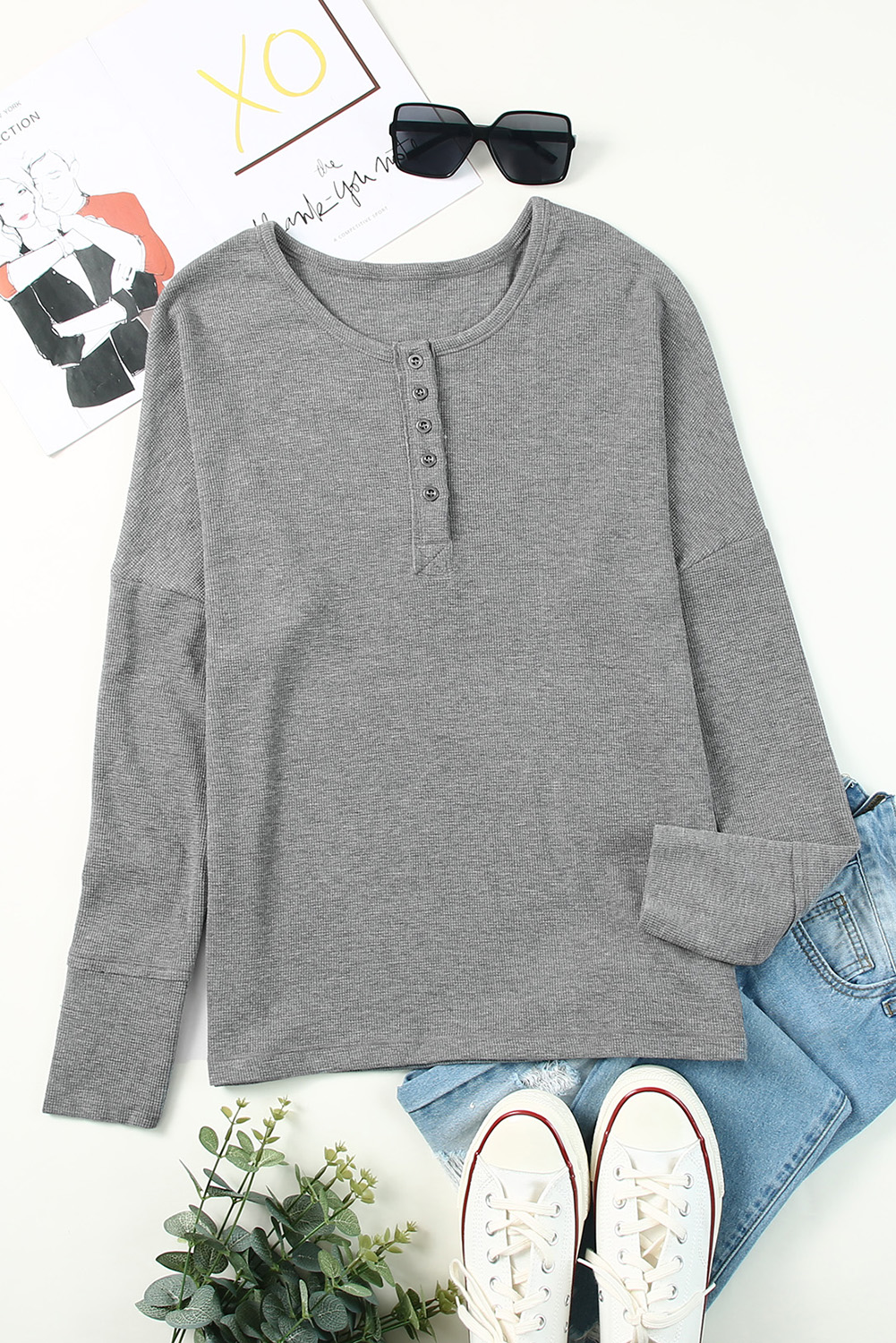 Black Waffle Knit Henley Top