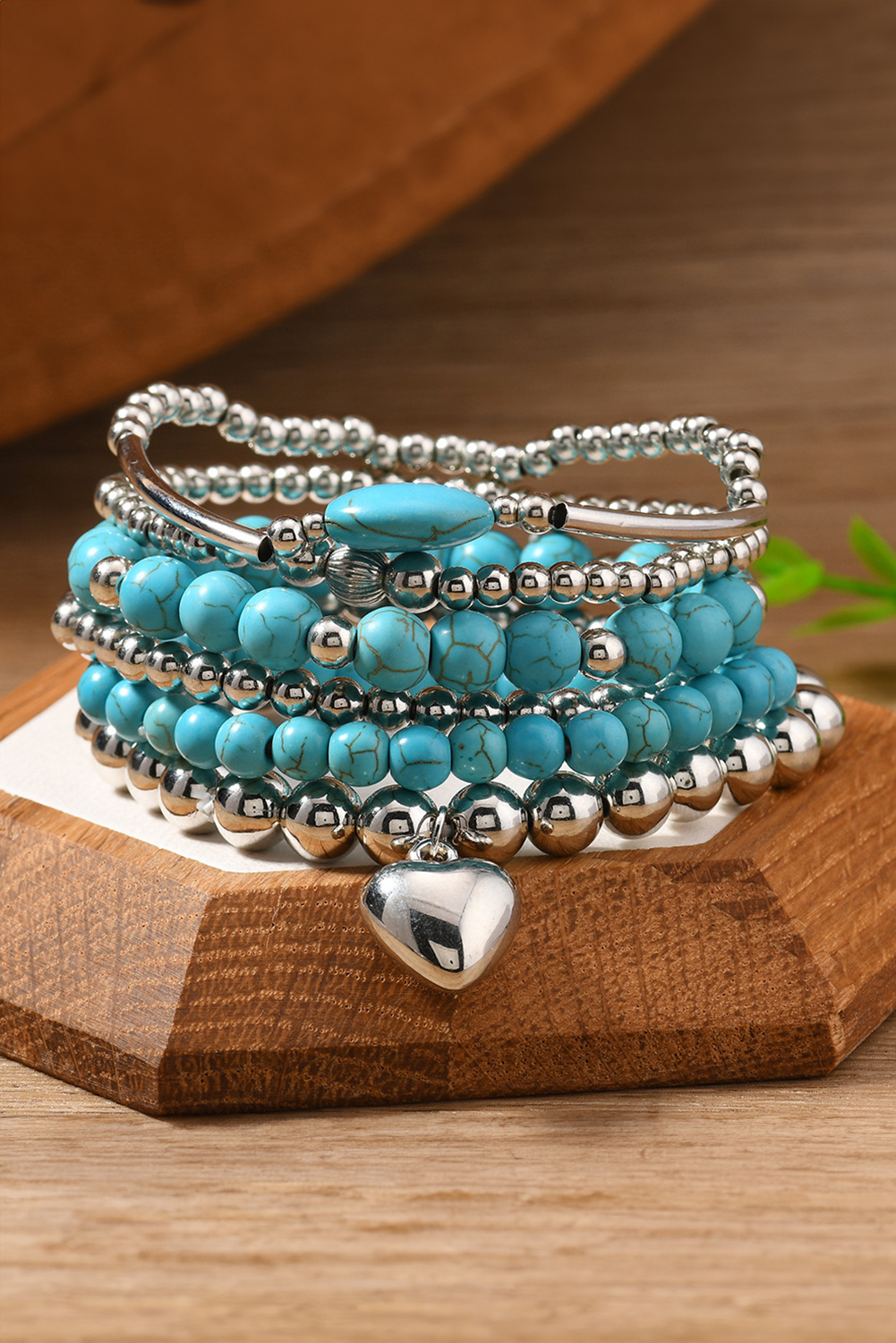 Silvery Pleated Heart Charm Beaded Turquoise Multilayer 6pcs Bracelet Set