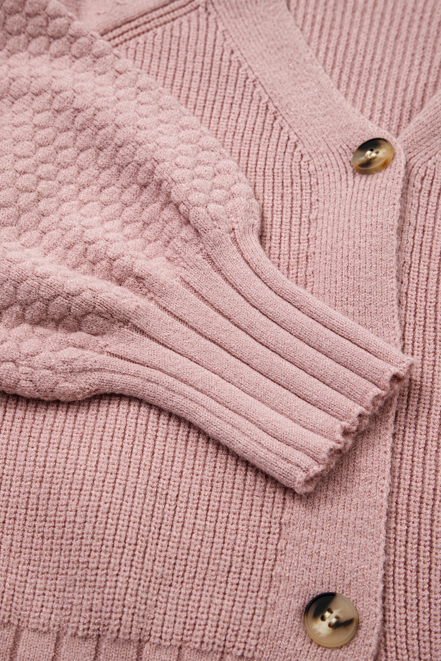 Light Pink Mixed Texture Knit Button V Neck Sweater Cardigan