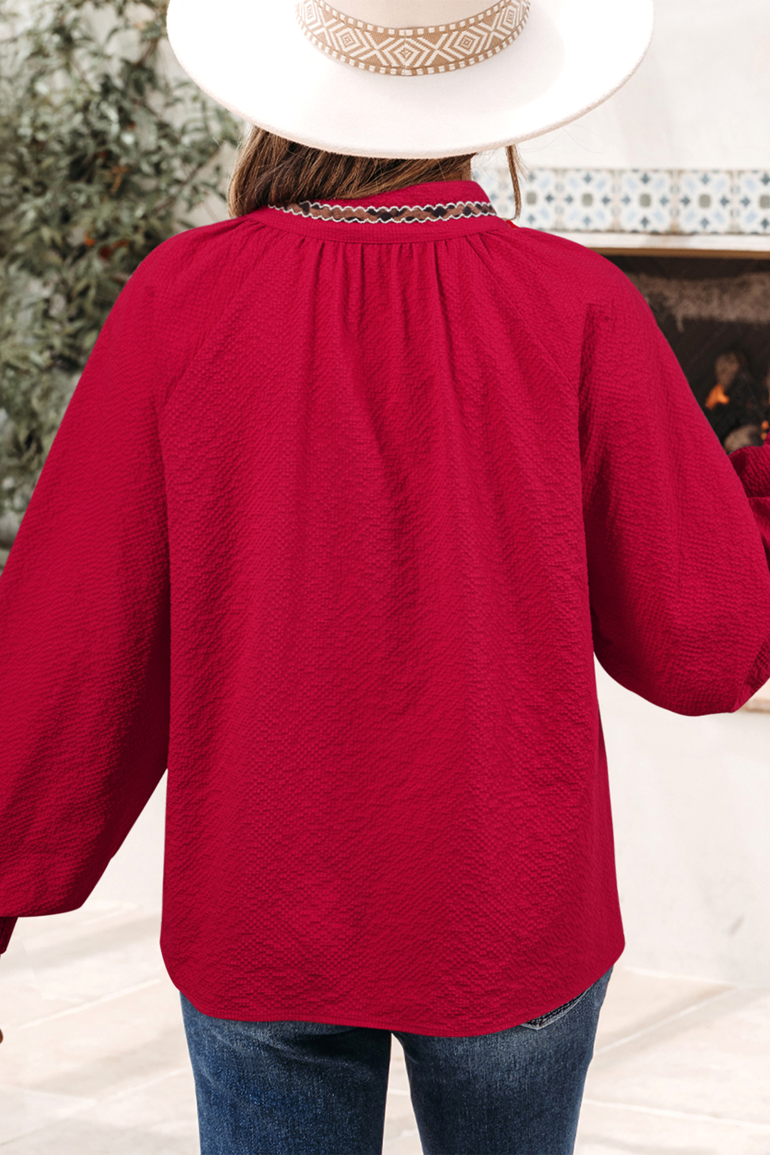 Racing Red Leopard Jacquard Print V Neck Textured Blouse