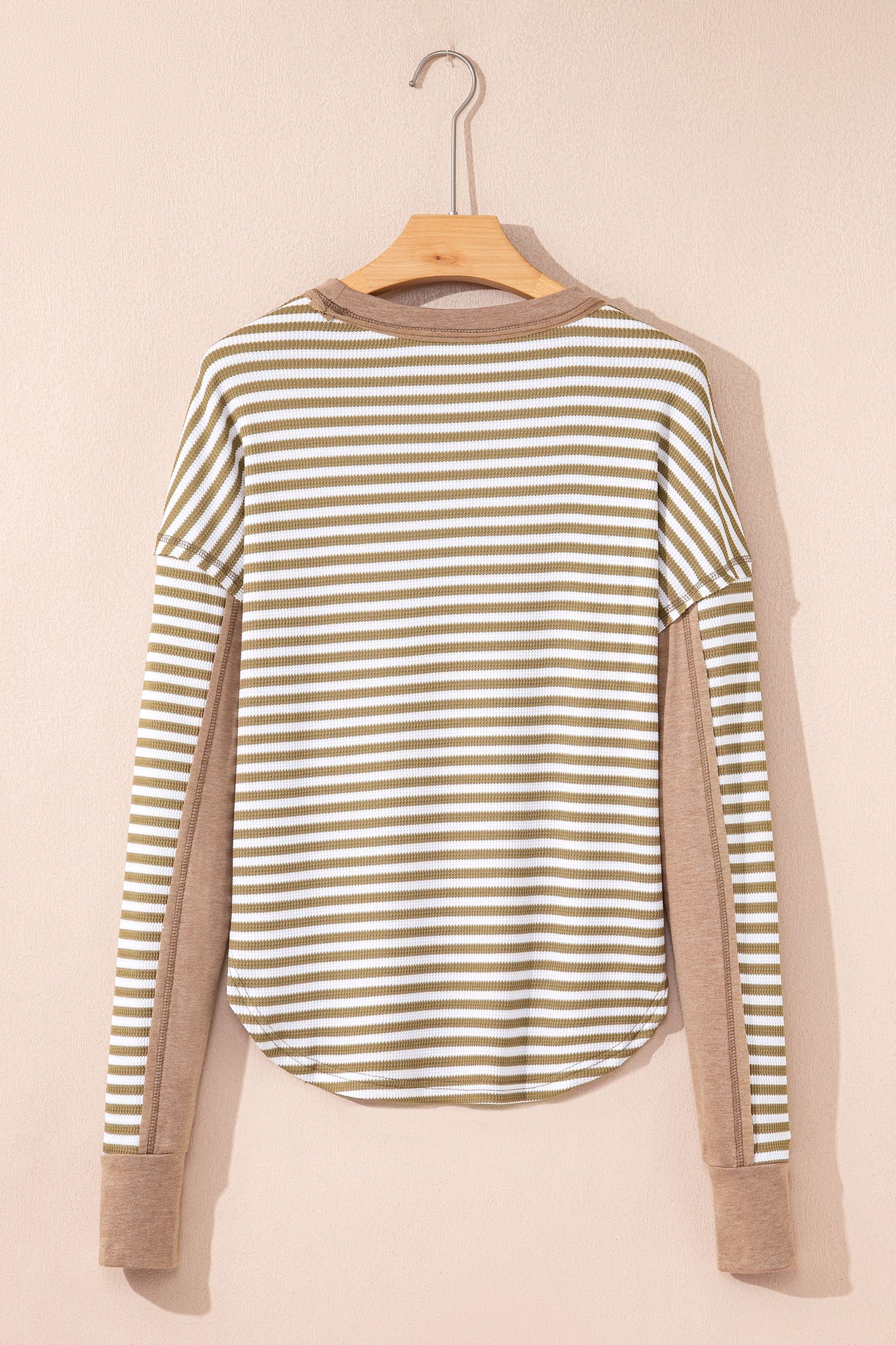 Dearlovers Green Stripe Thermal Knit Drop Shoulder Casual Top