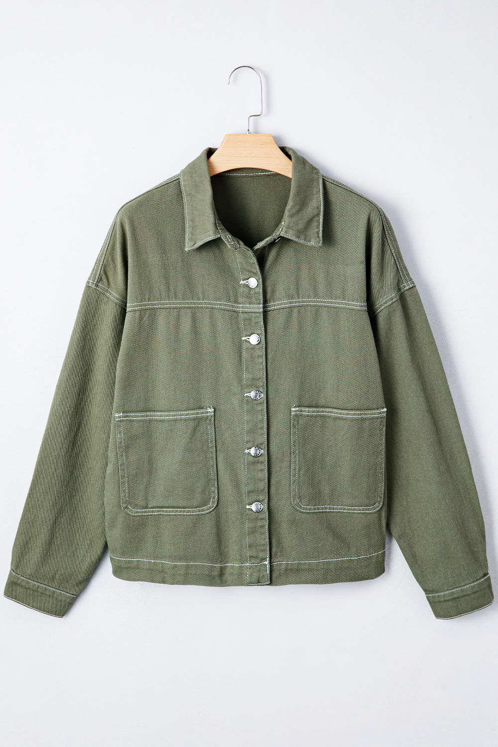 Smoke Green Patched Pocket Collared Button Front Boyfriend Denim Jacket
