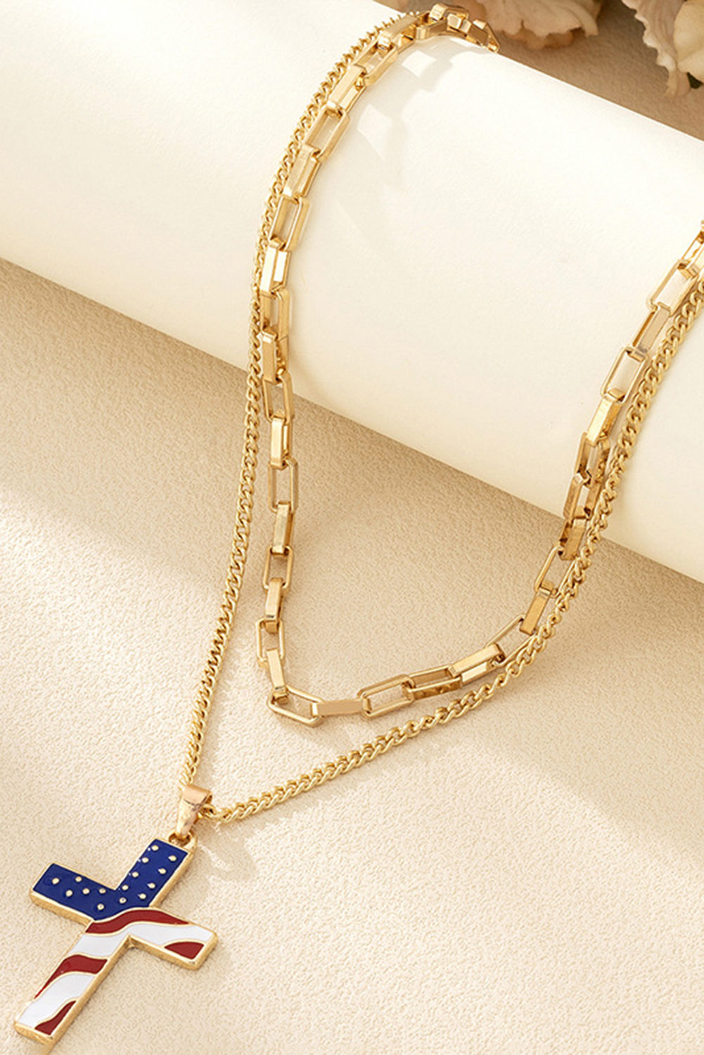 Gold Plated Double Chain Stars and Stripes Cross Pendent Necklace