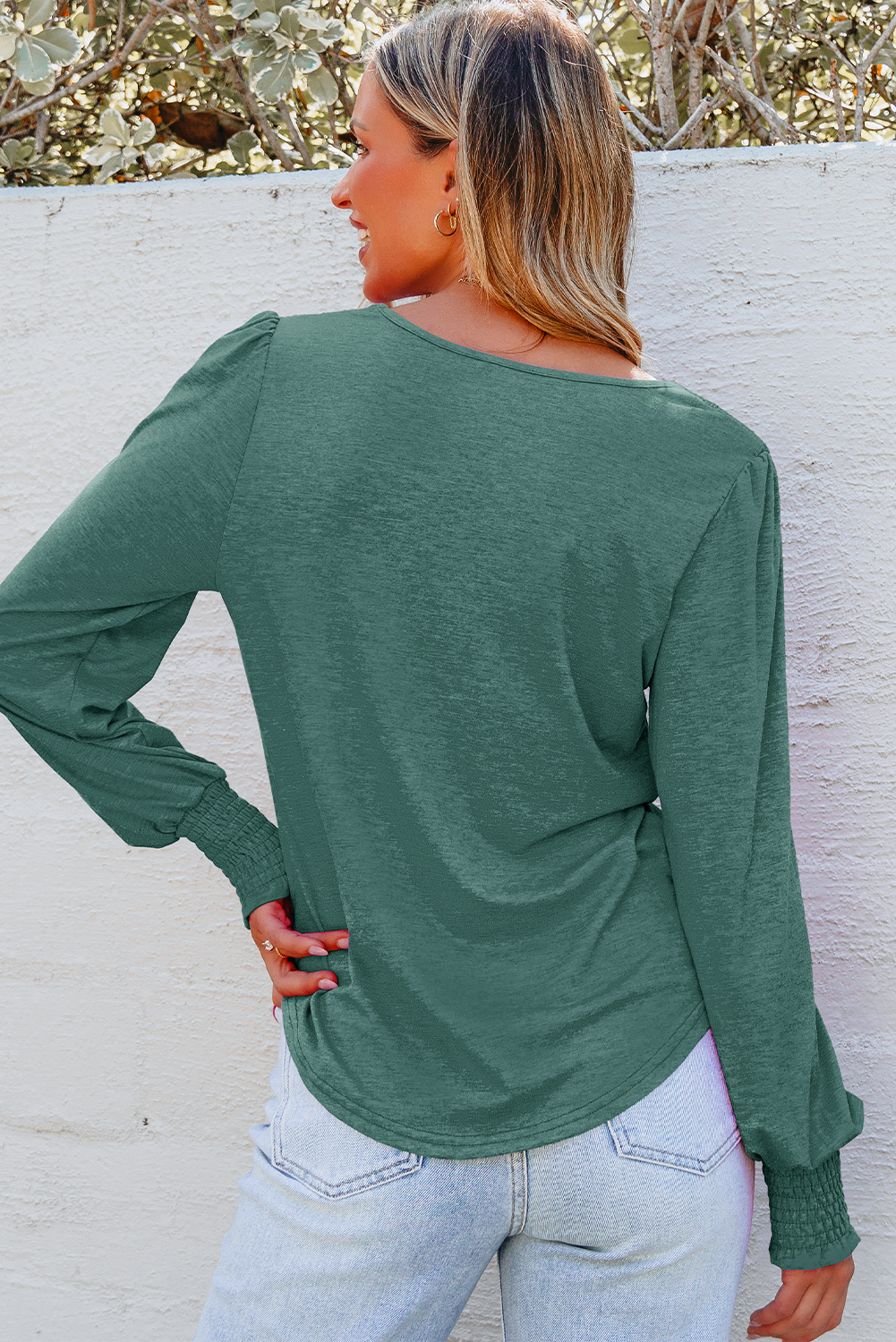 Beige Shirred Shoulder Frilled Cuffs Long Sleeve Top