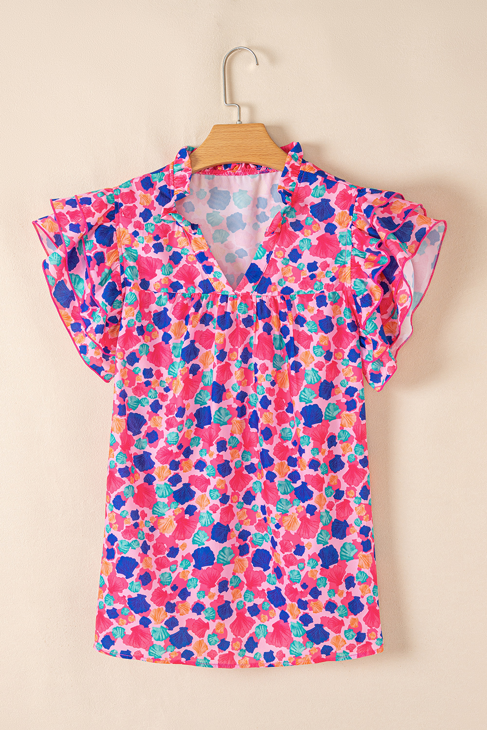 Rose Red Abstract Print Ruffled Sleeve V Neck Blouse