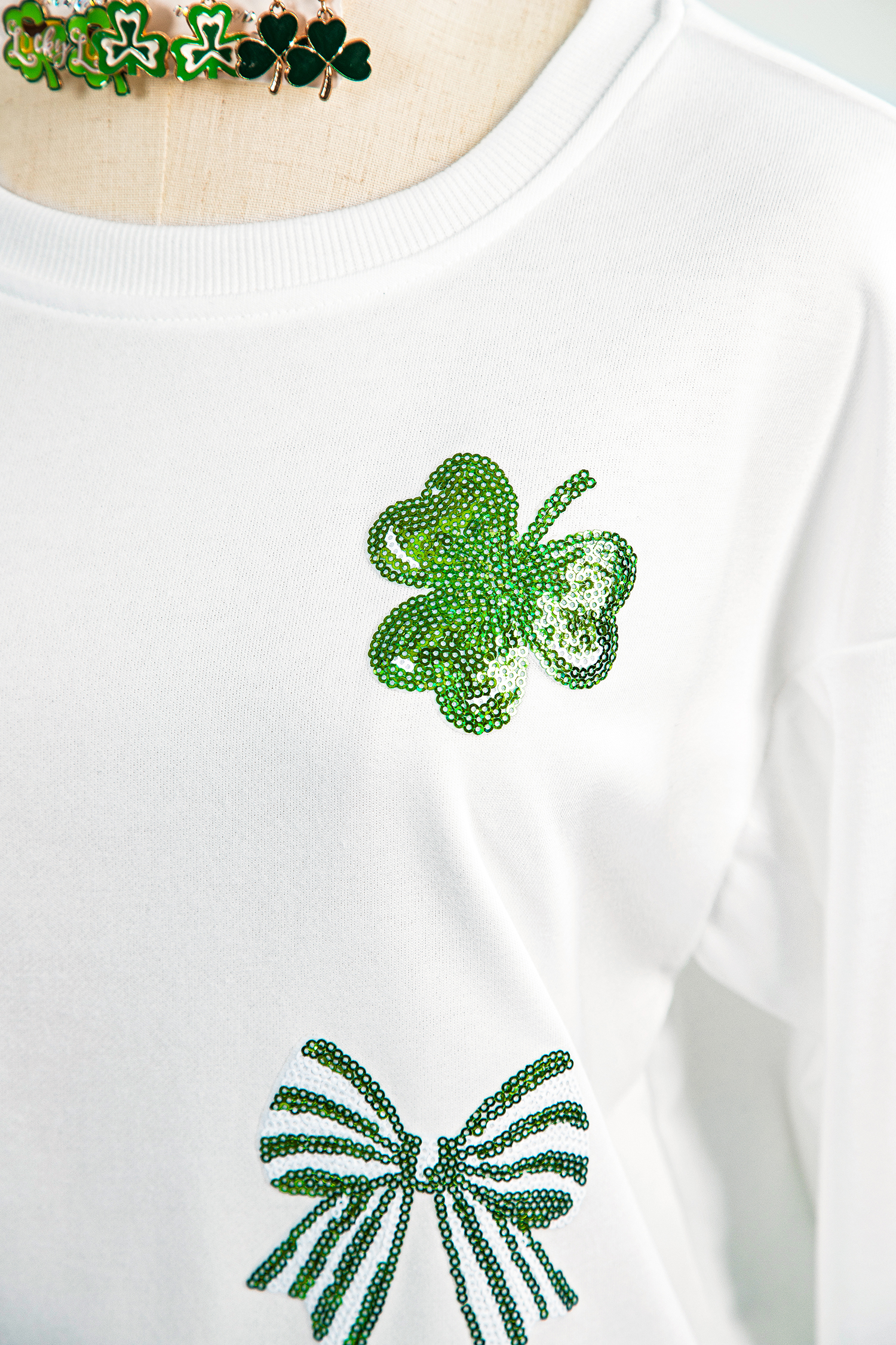 White LUCKY Clover Embroidered Long Sleeve Top