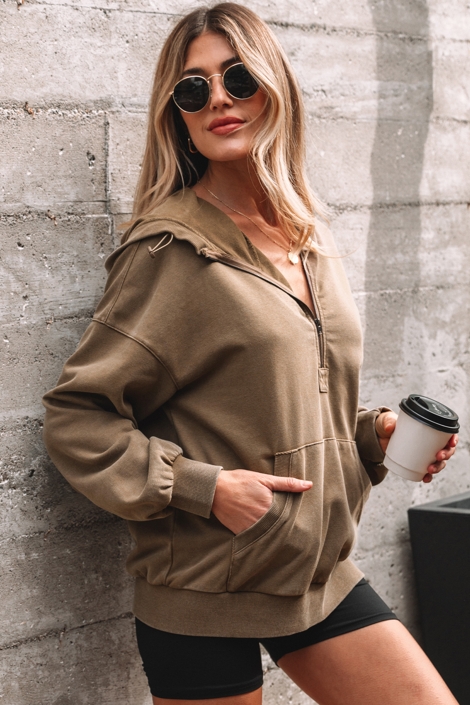 Canton Half Zip Kangaroo Pocket Mineral Wash Baggy Hoodie