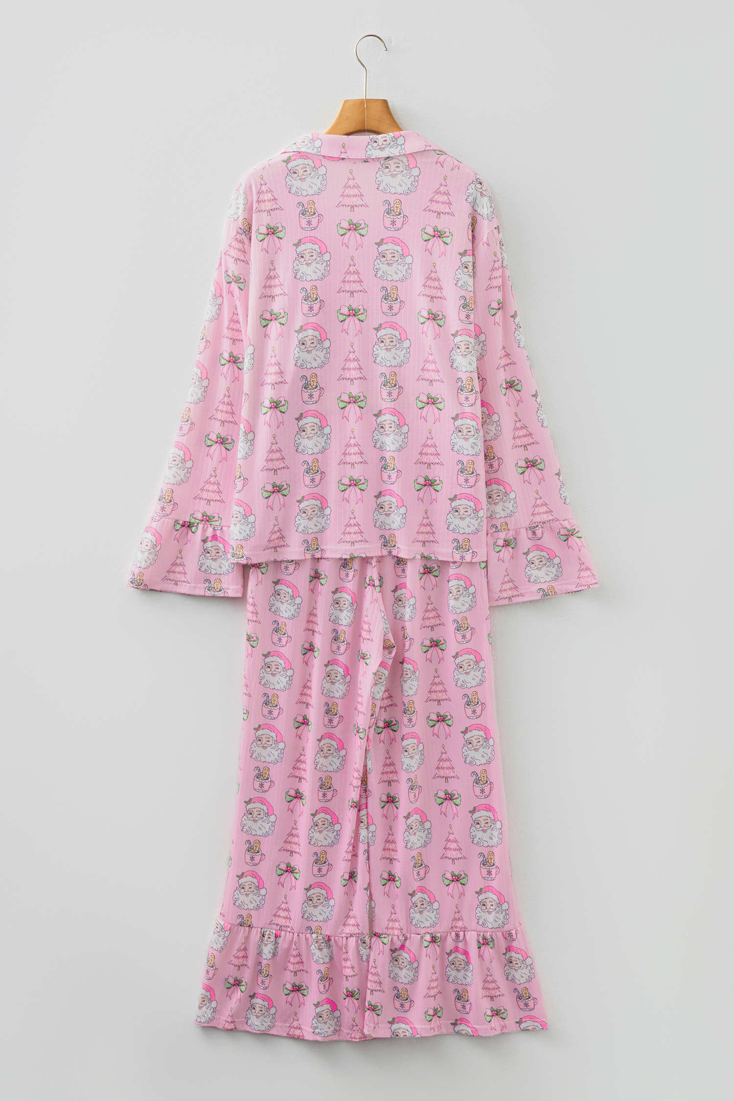 Pink Christmas Print Ruffled Ribbed Shirt & Pants 2 Piece PJ Set