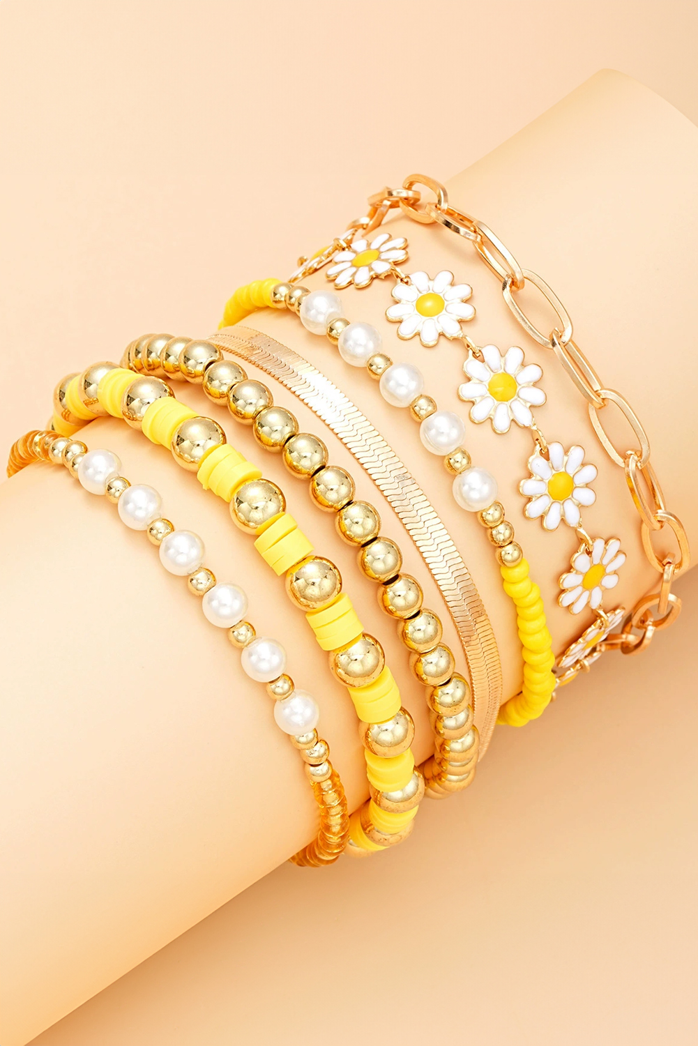 Gold Daisy Beaded Chain Adjustable Multi Layer Bracelet Set