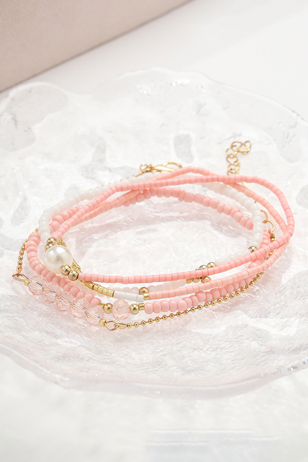 Pink Pearl Crystal Bead Detail 5pcs Elastic Bracelet Set