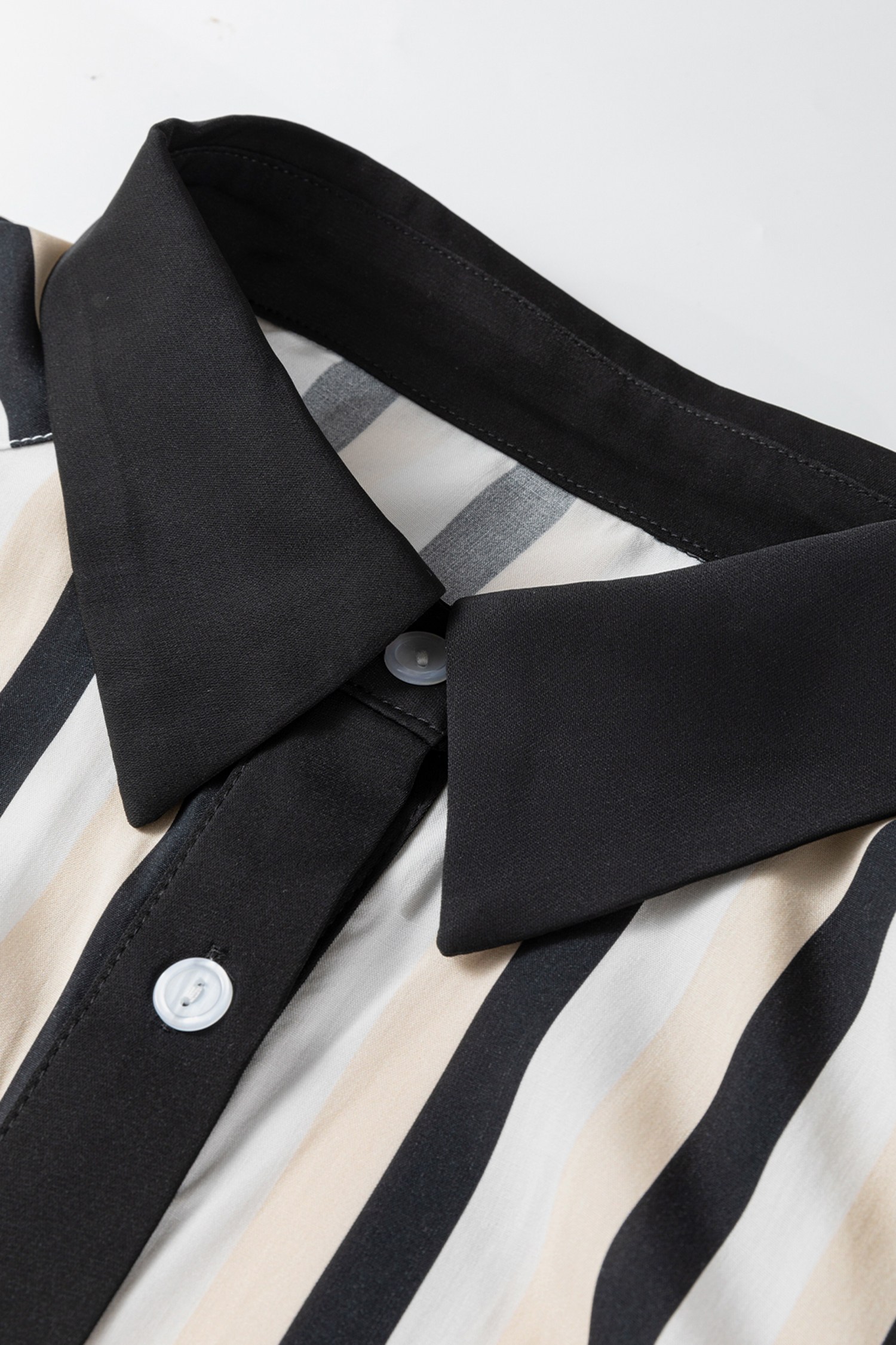 Black Stripe 3/4 Puff Sleeve Shirt Style Button Down Midi Dress