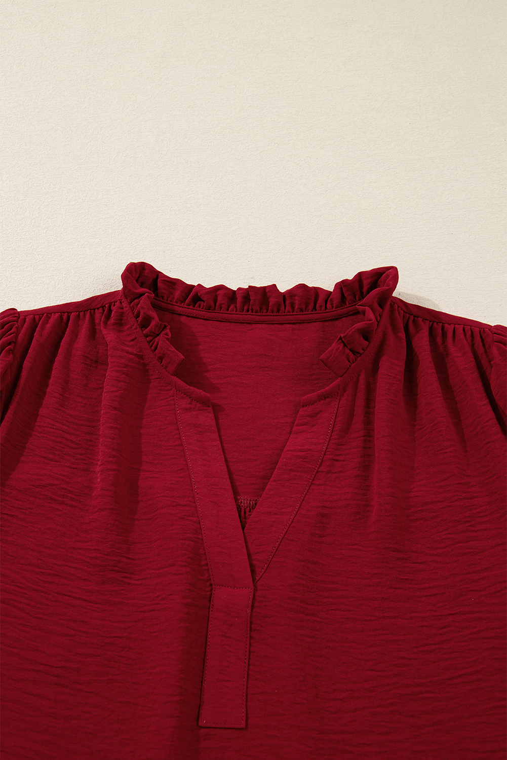 Burgundy Notched Neck Shirred Cuff Long Sleeve Blouse