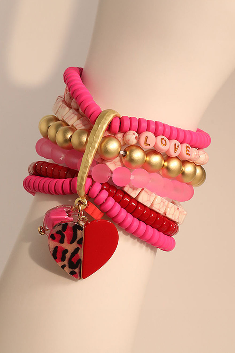 Rose Red Multi Beaded Stack Bracelet with Leopard Heart Charm