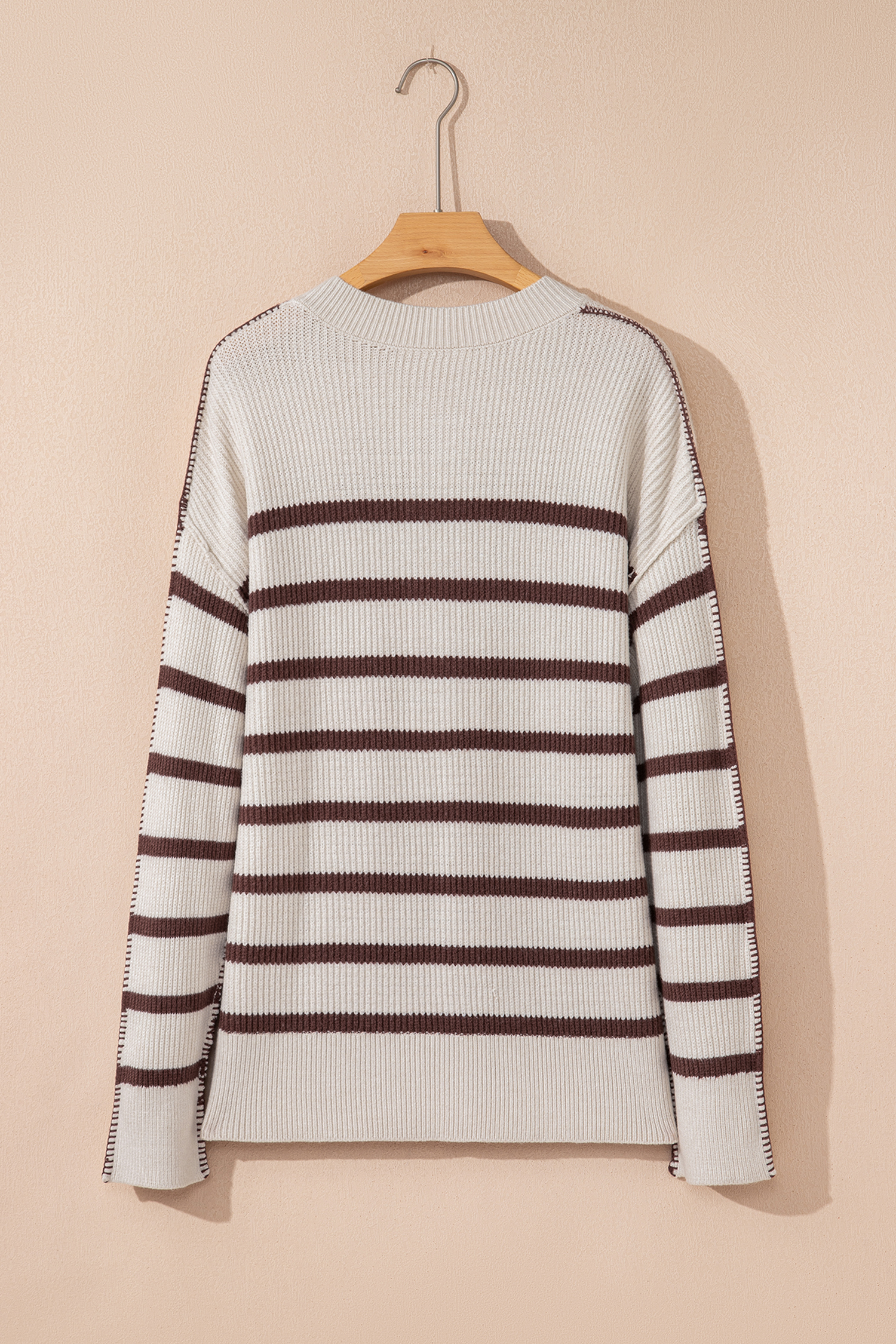 Brown Stripe Ribbed Henley Drop Shoulder Slouchy Sweater