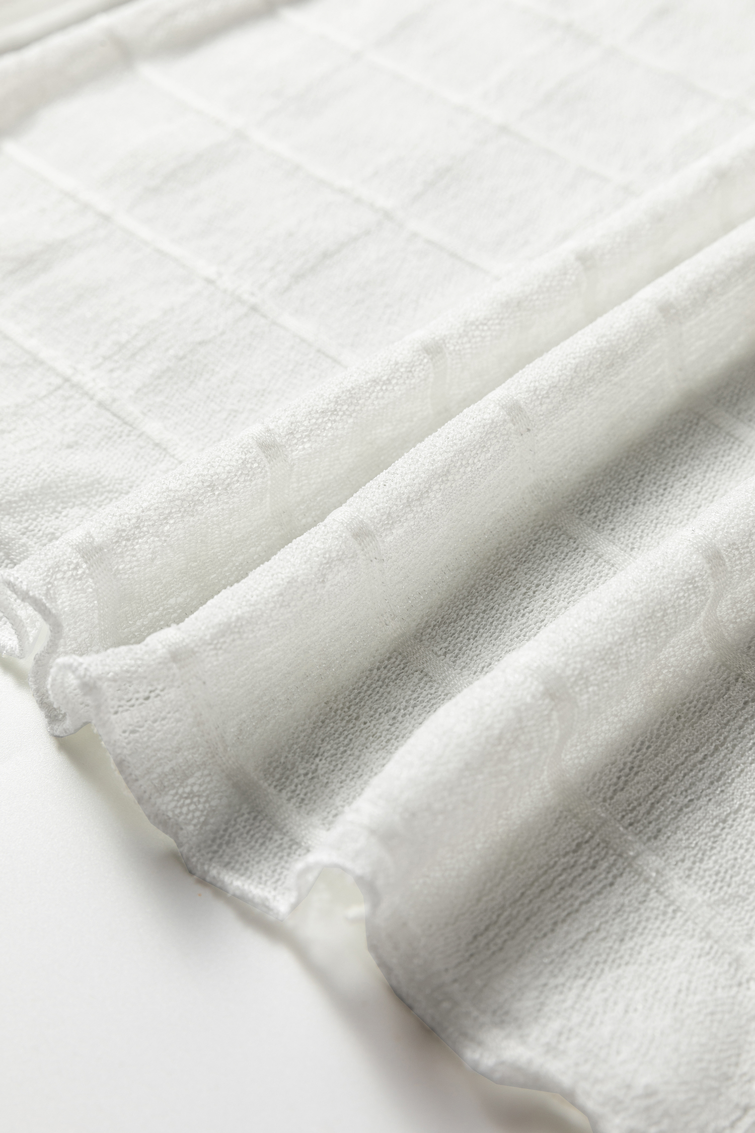 White Sheer Plaid Mesh Lettuce Trim Slim Fit Long Sleeve Top