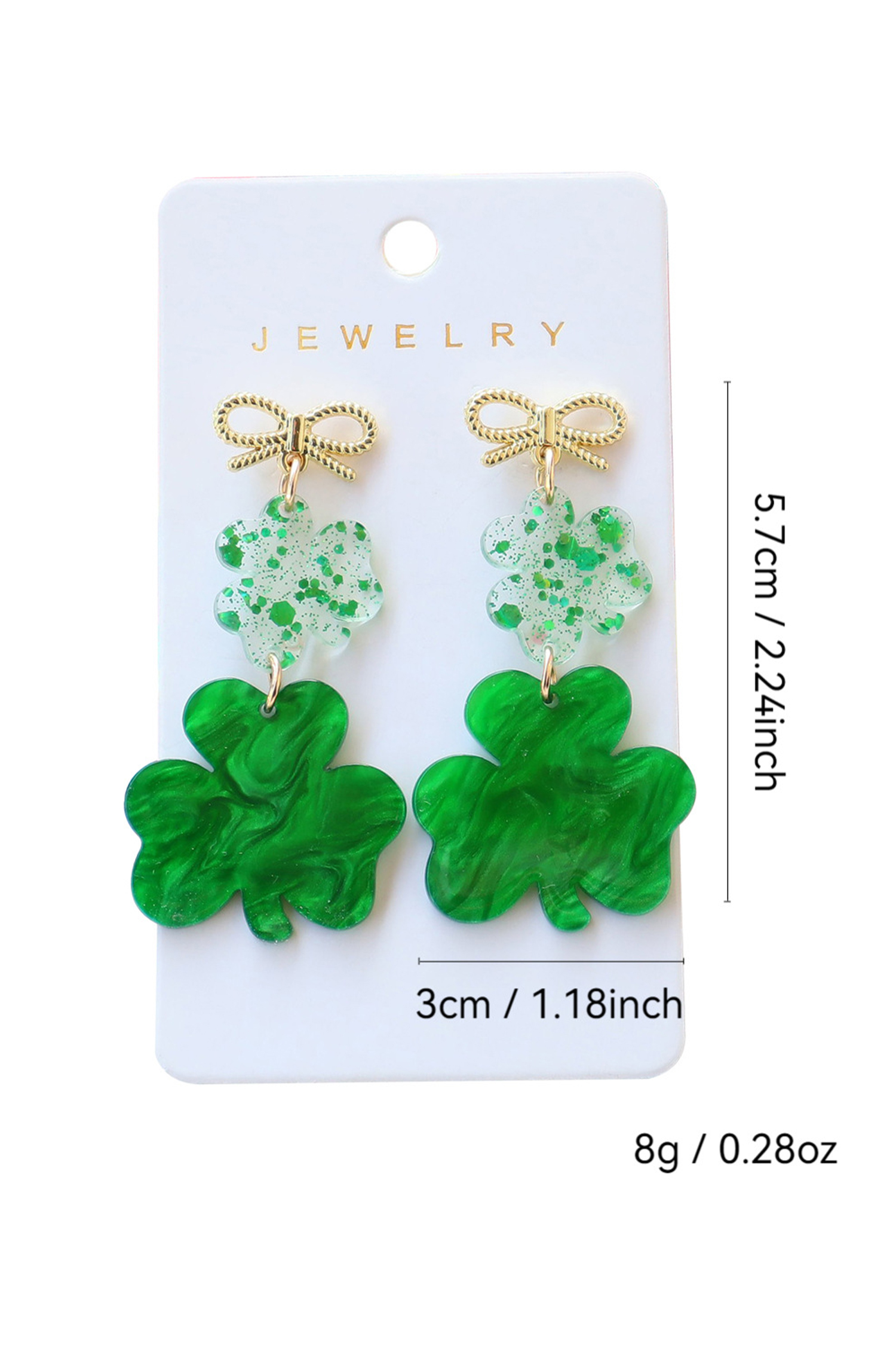 Green Double Clover Dangle Pendant Bow Stud Earrings