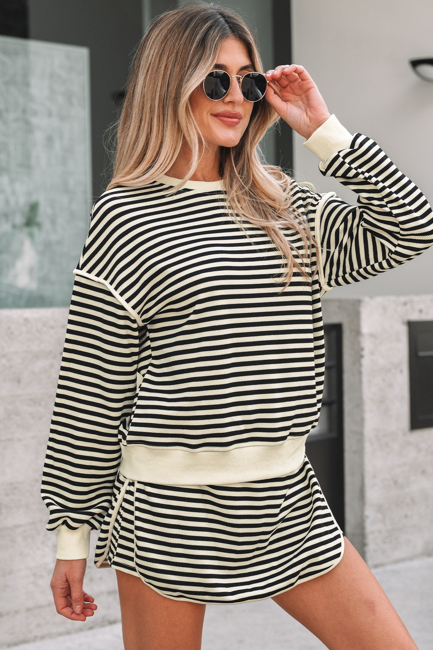 Black Stripe Textured Drop Shoulder Pullover Top Drawstring Mini Skort Two Piece Dress Set