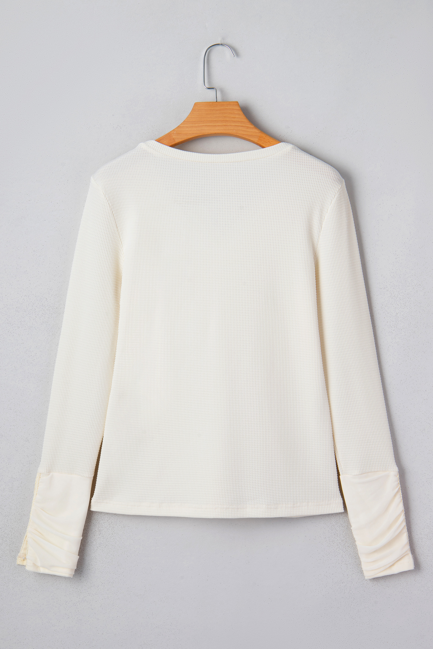 Beige Thermal Knit Lace Ruched Patchwork Long Sleeve V Neck Top