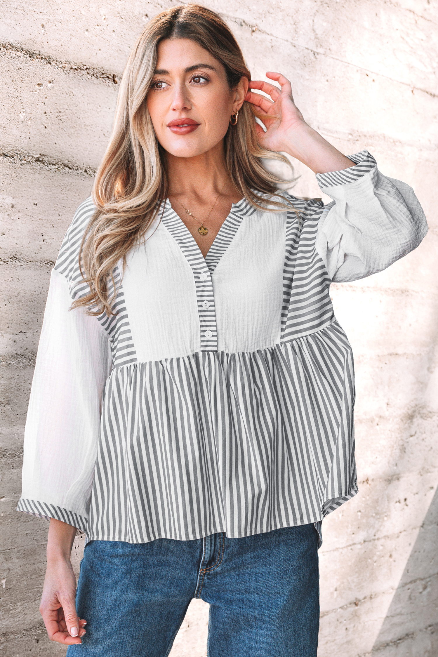 Gray Stripe Half Button Gauze Patchwork Bracelet Sleeve Babydoll Blouse