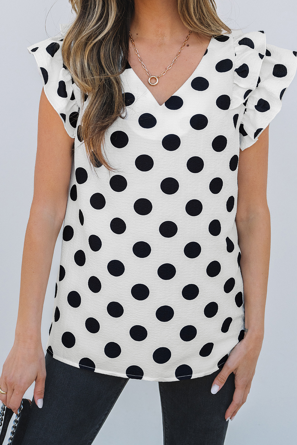 Black Polka Dot Print Ruffled Sleeve V Neck Blouse