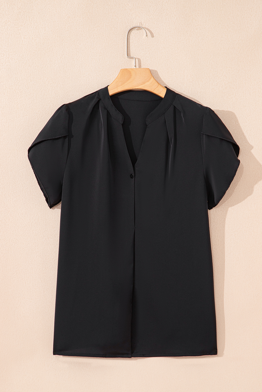 Black Silky Notched Neckline Petal Sleeve Blouse