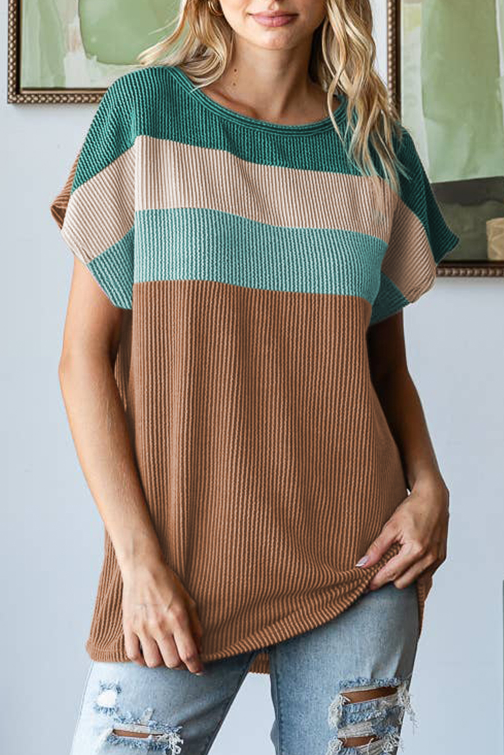 Chestnut Color Block Detail Twisted Rib Loose Tee