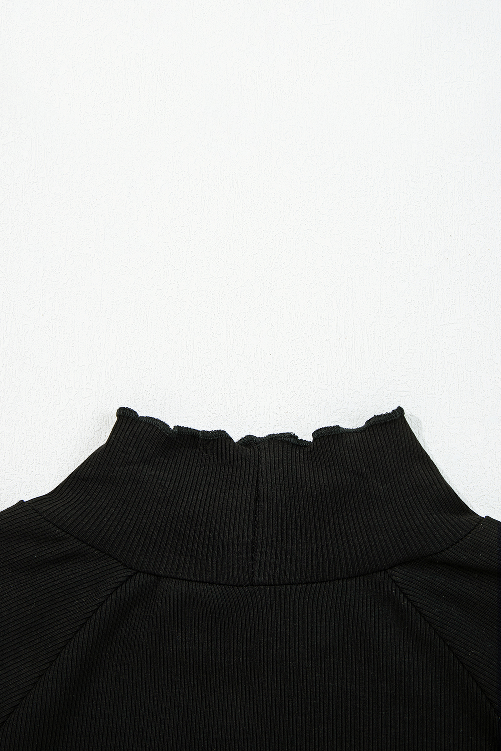 Black Ribbed Knit Lettuce Trim High Neck Long Sleeve Top