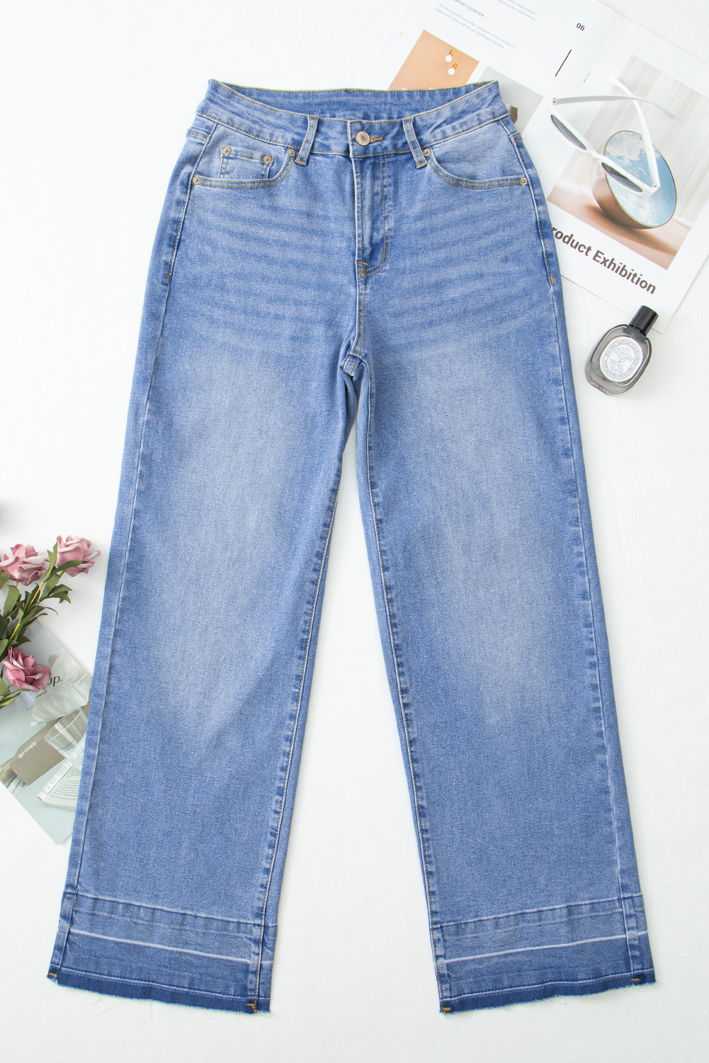 Real Teal Raw Hem Unique Cuffs Straight High Rise Loose Jeans