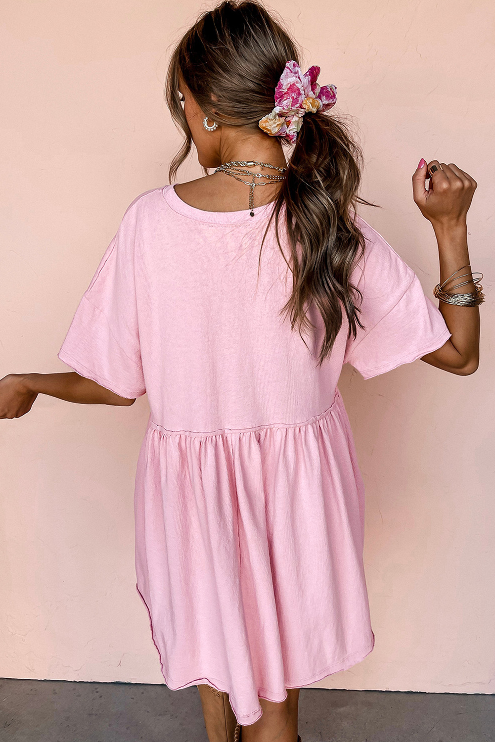 Light Pink Sequined Note Pattern Raw Edge Music Festival Babydoll T-shirt Dress