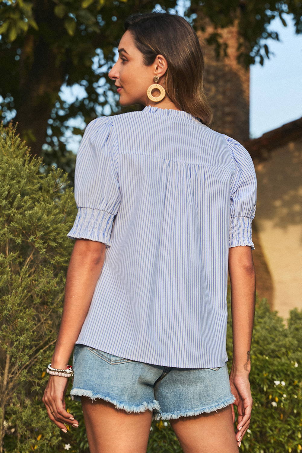 Gray Stripe Shirred Detail V Neck Puff Half Sleeve V Neck Blouse