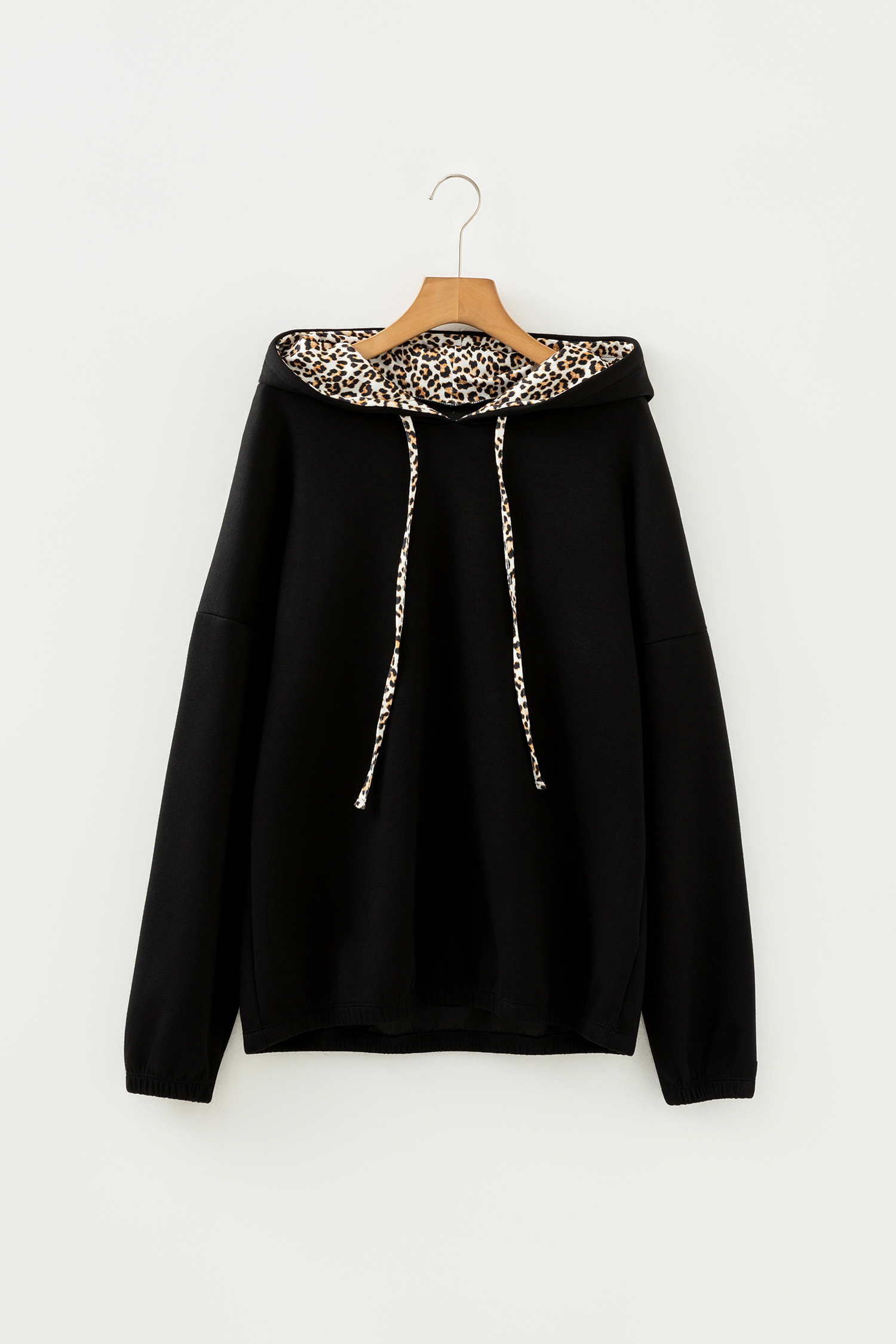 Jet Stream Leopard Contrast Drawstring Hood Drop Shoulder Loose Top