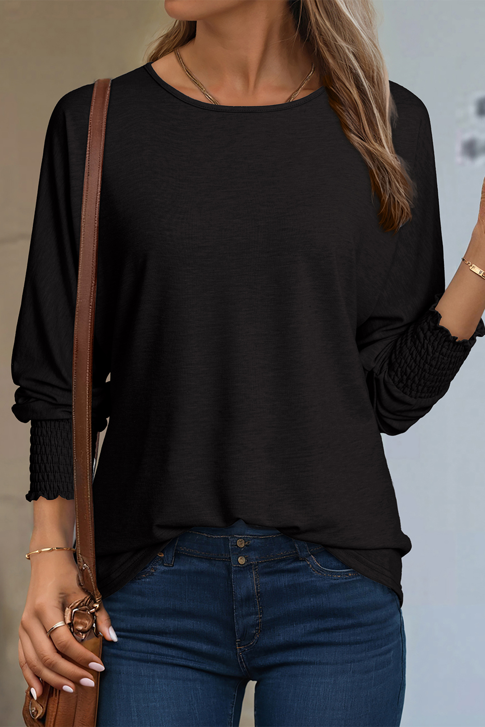 Simply Taupe Shirred Cuffs Solid Long Sleeve T Shirt